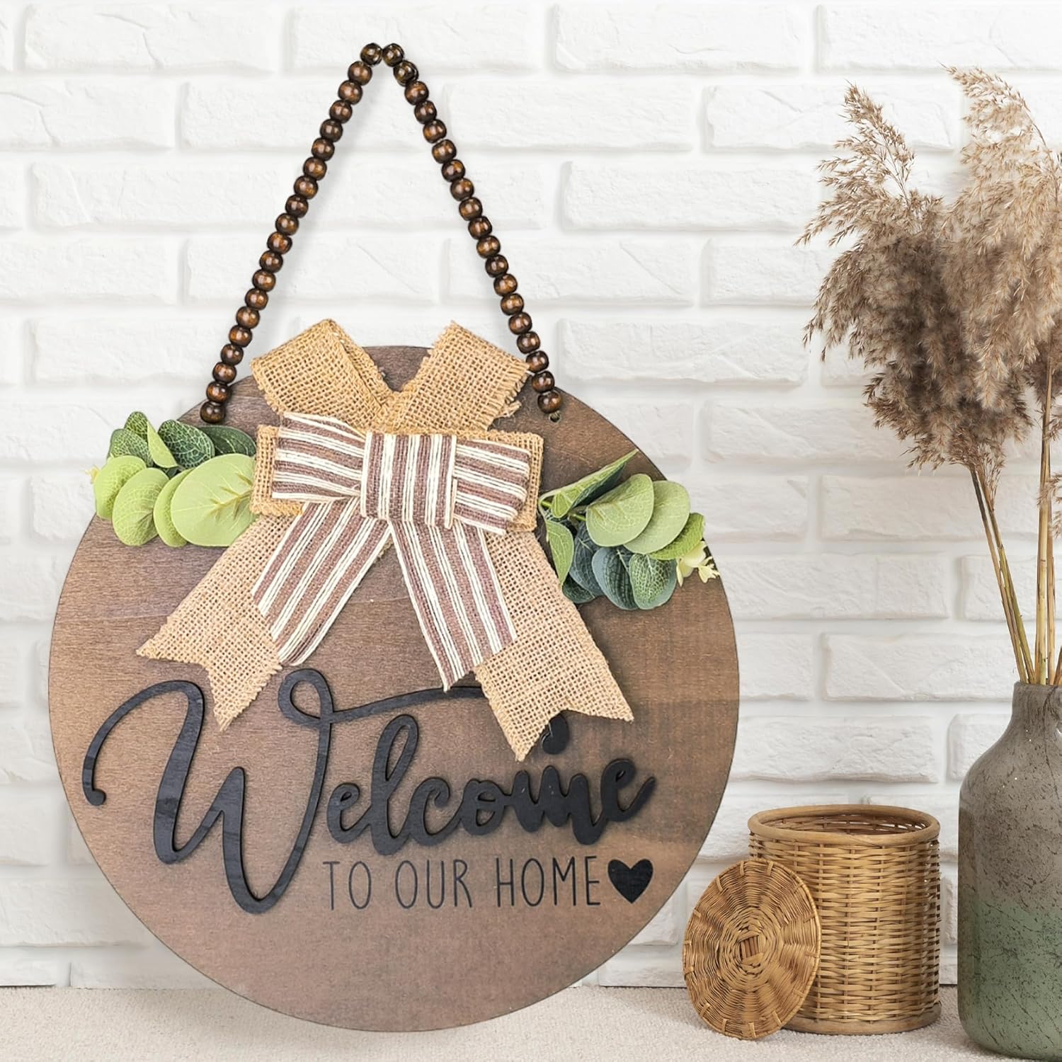 INTERHOMART 12 Inch Round Wood Welcome Wreath Front Door Decor