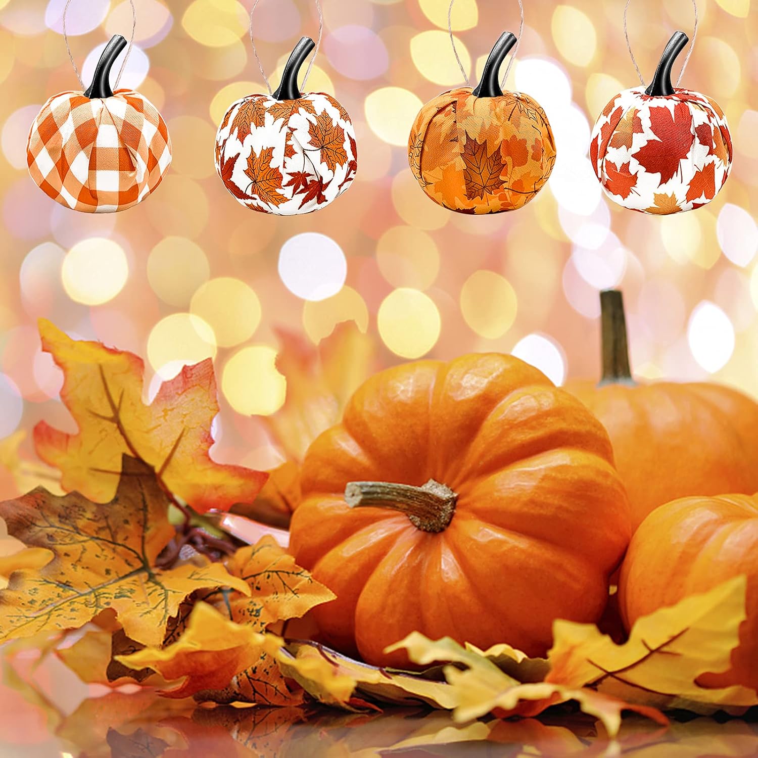 12 Pcs Fall Hanging Pumpkin Ornament with Maple Leaf Pattern