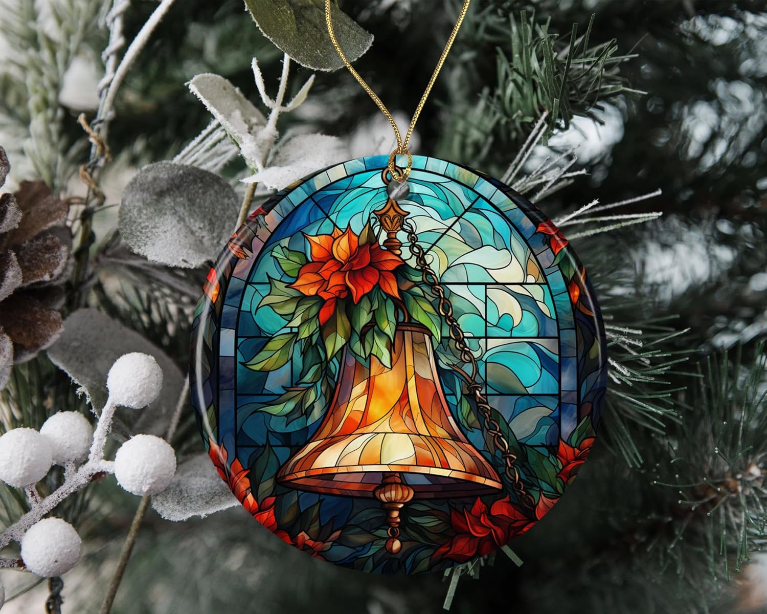 Stained Glass Christmas Bell Ceramic Ornament