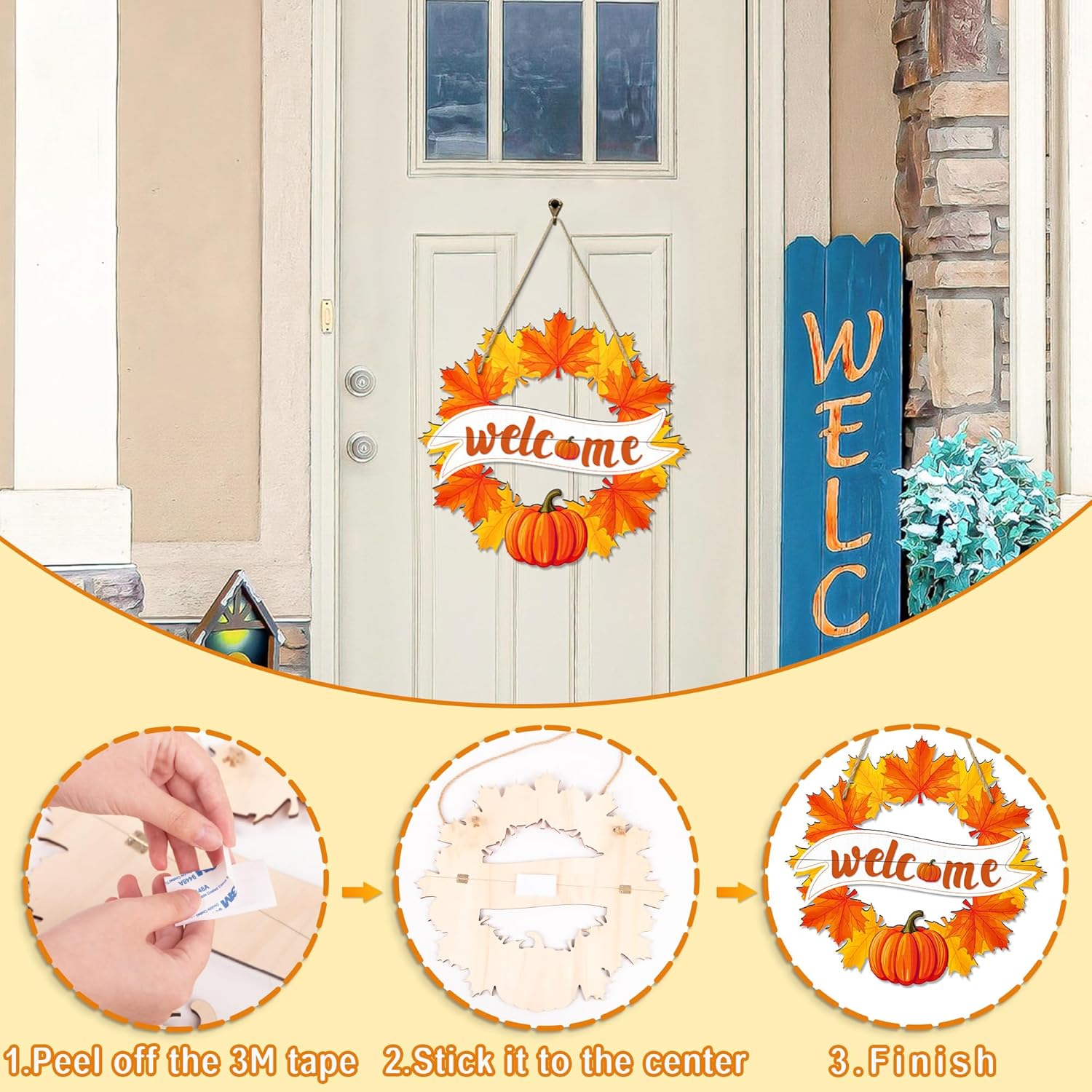 Fall Wreath for Front Door Decor Foldable Welcome Sign Autumn Thanksgiving Harvest Hanging Decoration