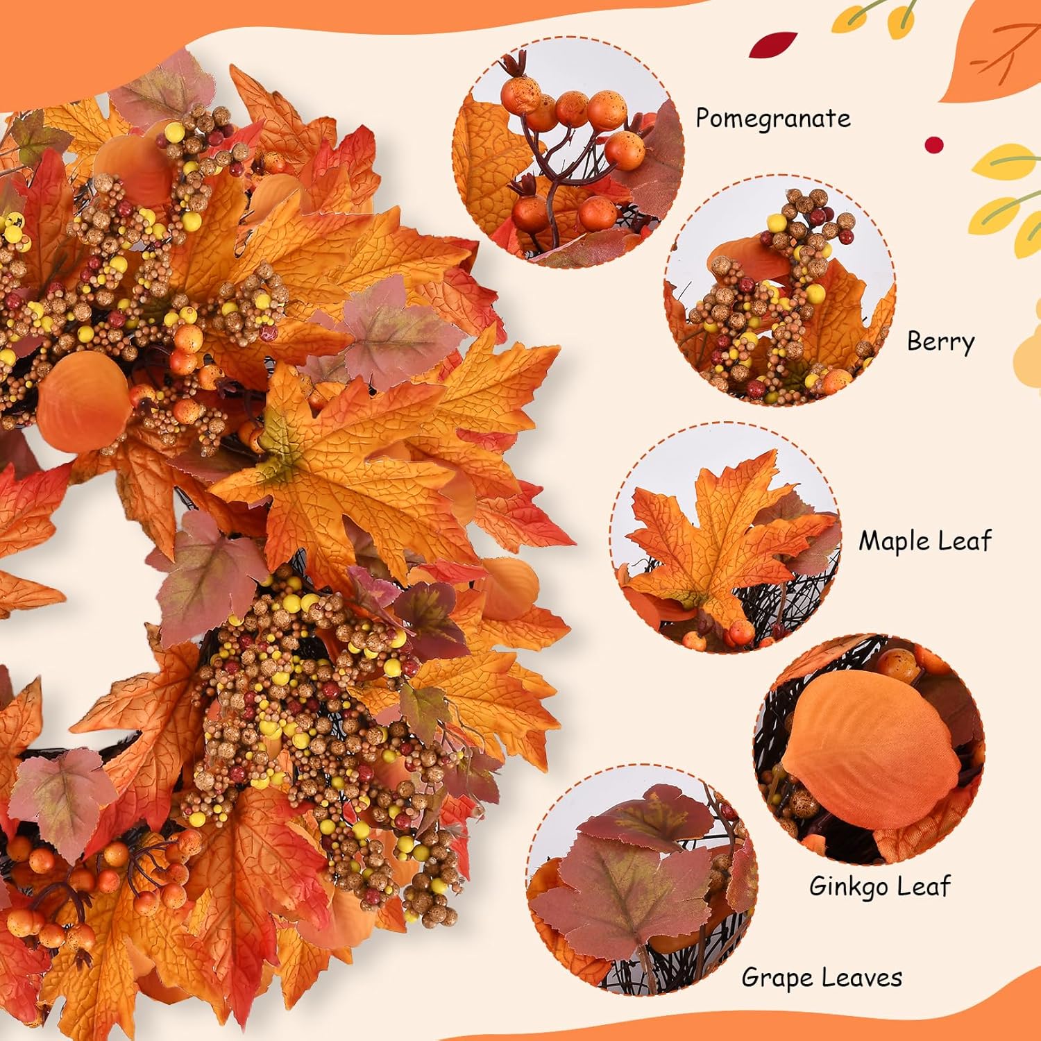 Artificial Fall Wreath for Front Door 19 Inch