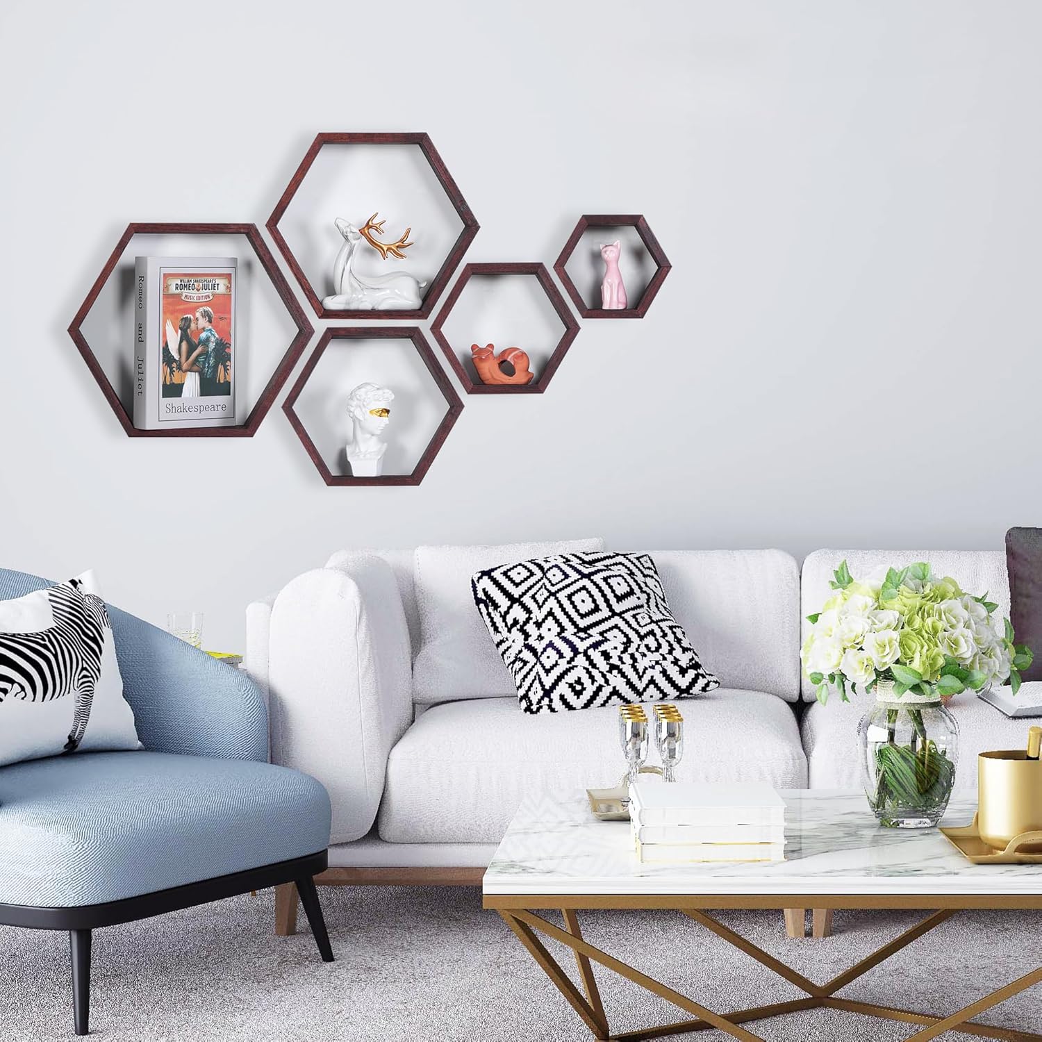 PHOENANCEE Hexagon Floating Shelves Set of 5 Driftwood Finish