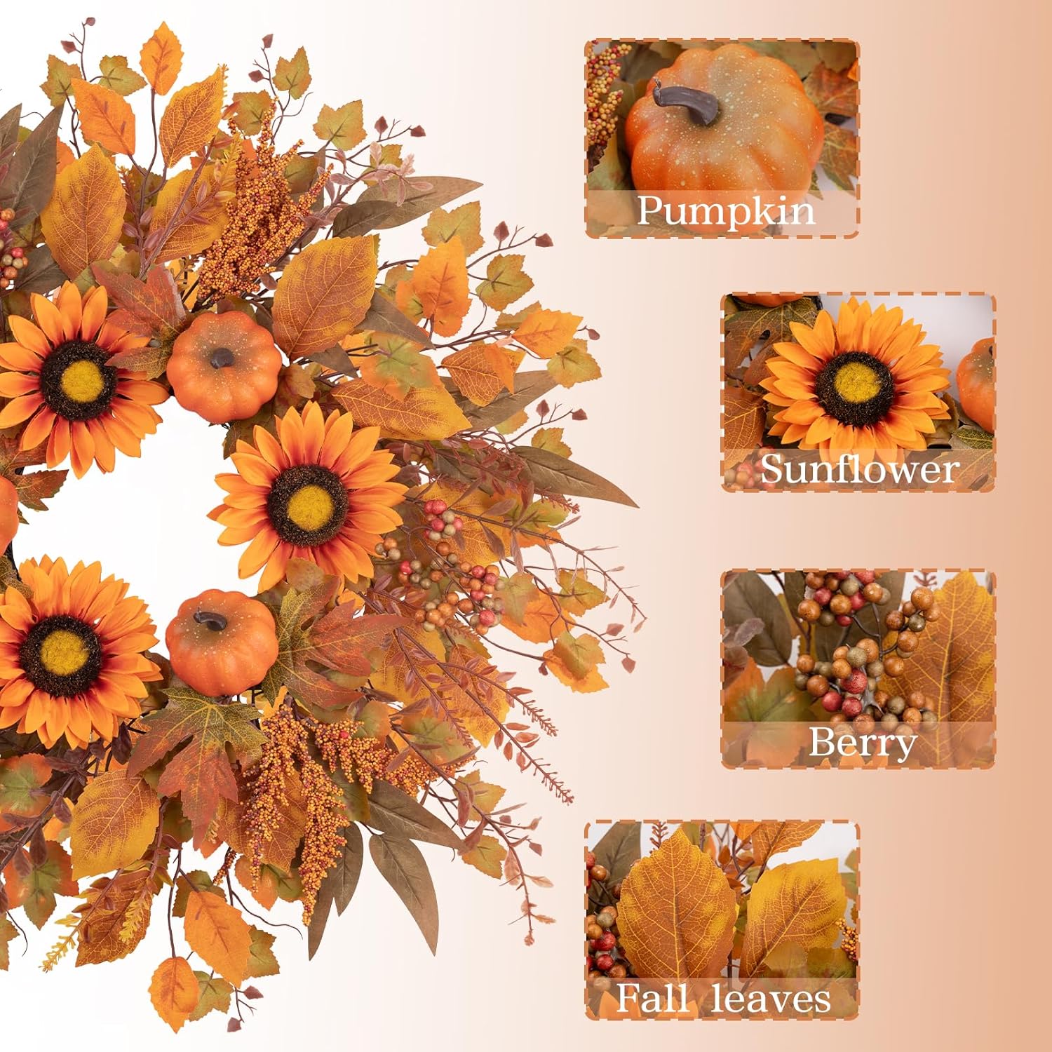 24 Inch Fall Wreath with Sunflowers and Pumpkins