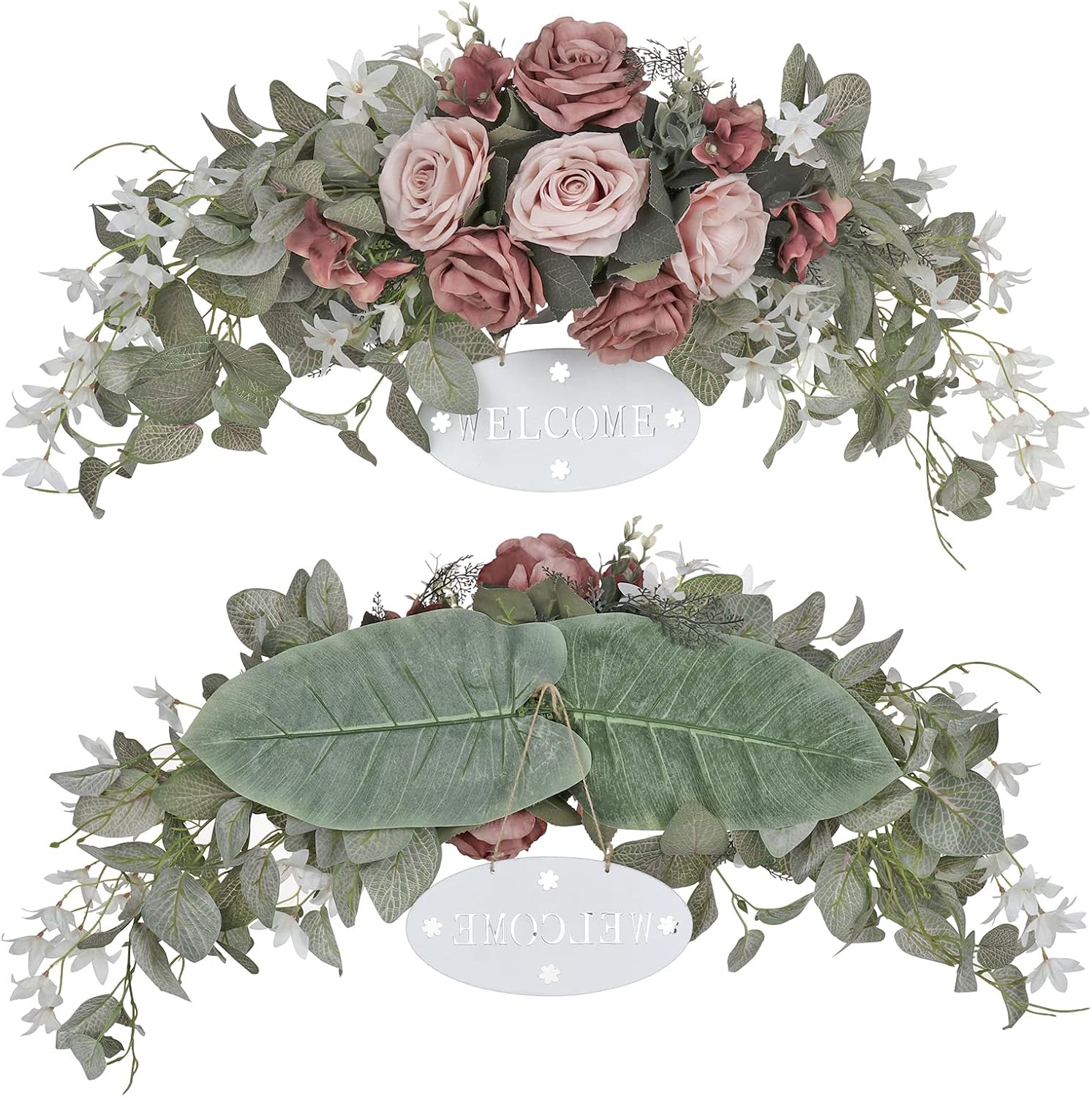 Artificial Rose and Eucalyptus Front Door Wreath with Welcome Sign