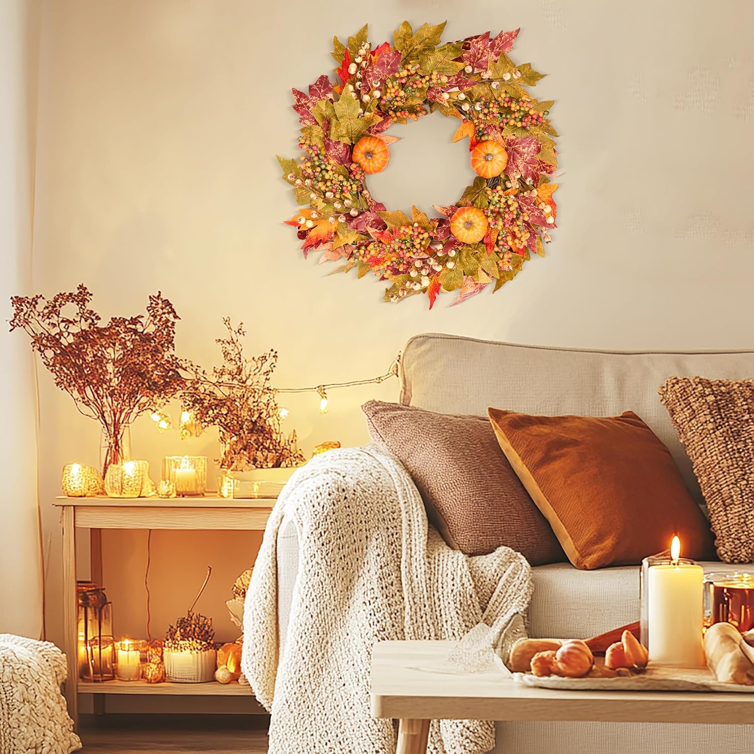 GENMOUS Fall Door Wreath with Pumpkins and Maple Leaves
