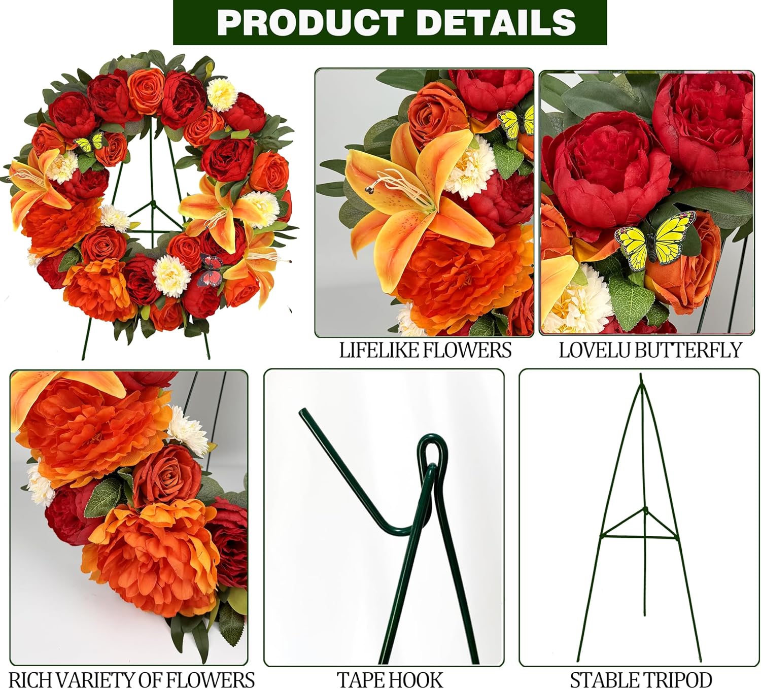 HENOMO Autumn Wreath with Stand 24 Inch Decorations for Gravesite