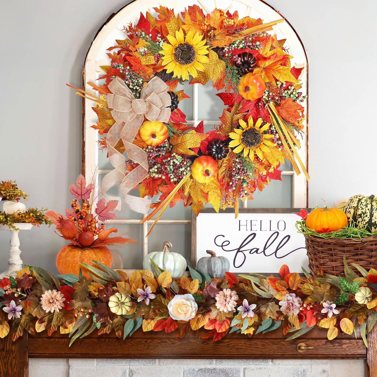 20 Inch Autumn Wreath with Pumpkins and Sunflowers