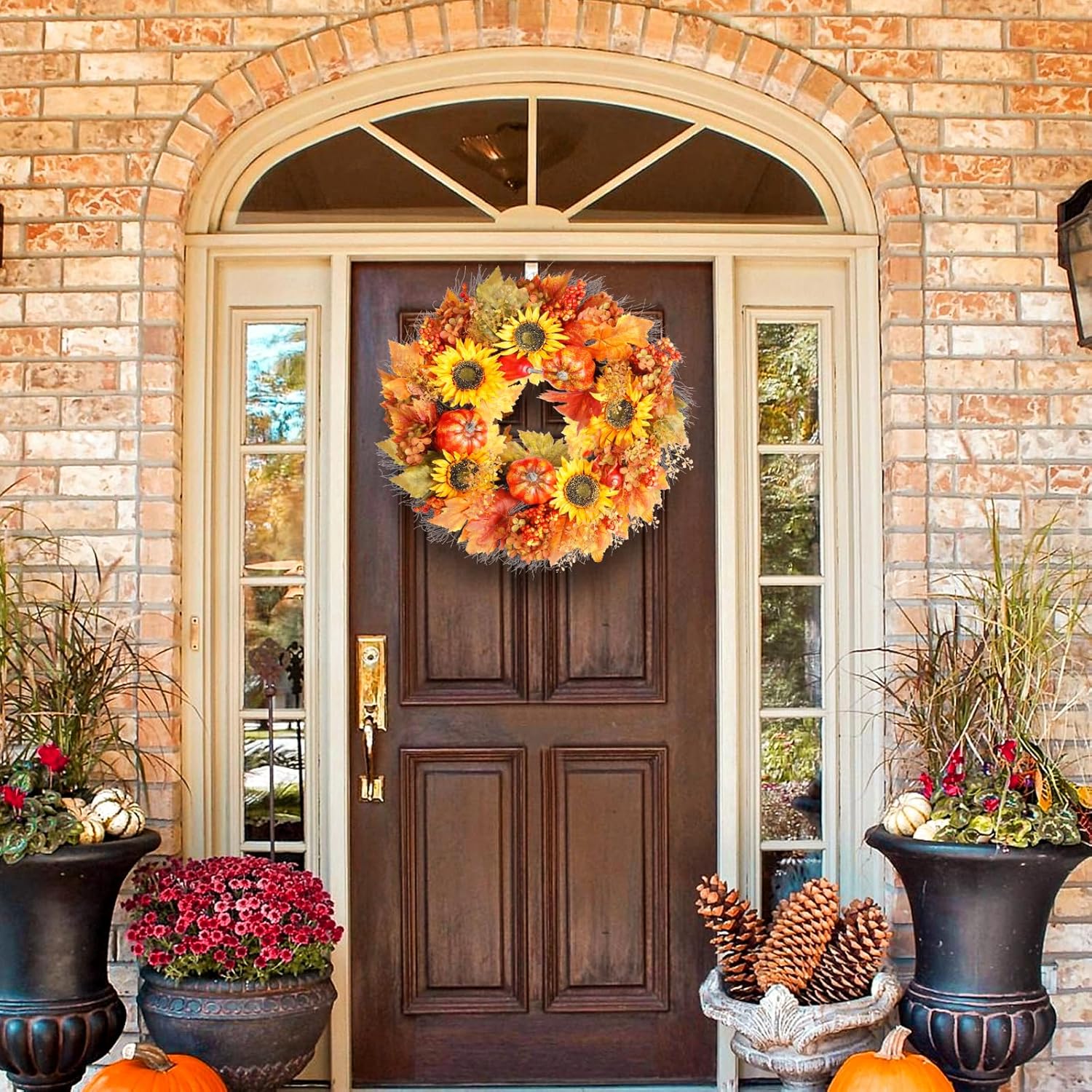 23 Inch Fall Wreath with Pumpkins Sunflowers Daisies and Maple Leaves