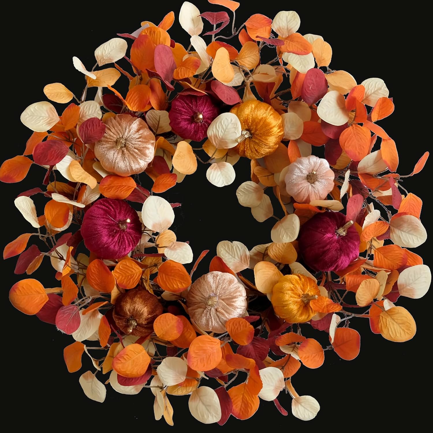 24 Inch Fall Eucalyptus Velvet Pumpkin Wreath for Front Door