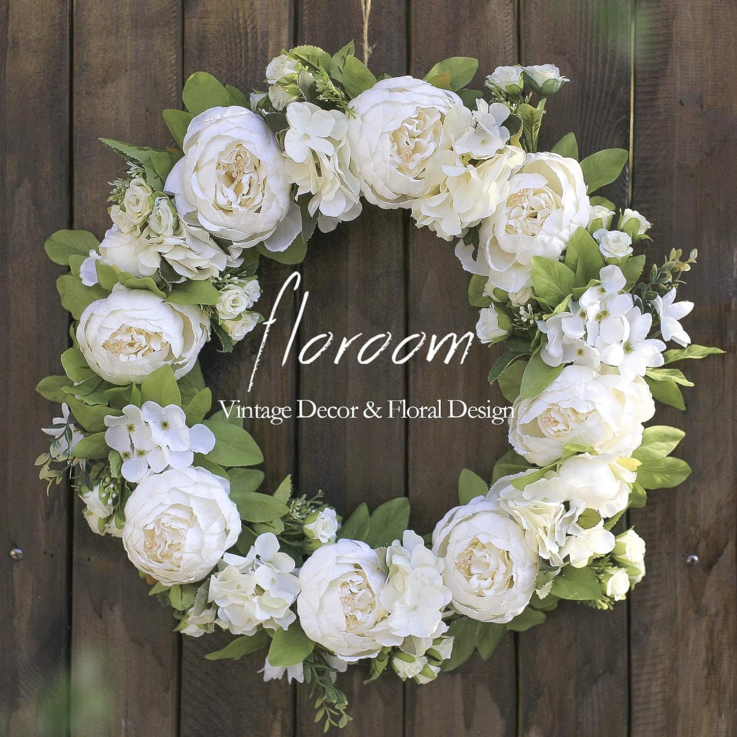 Floroom White Peony Hydrangea Wreath 20 Inch Wedding Decor