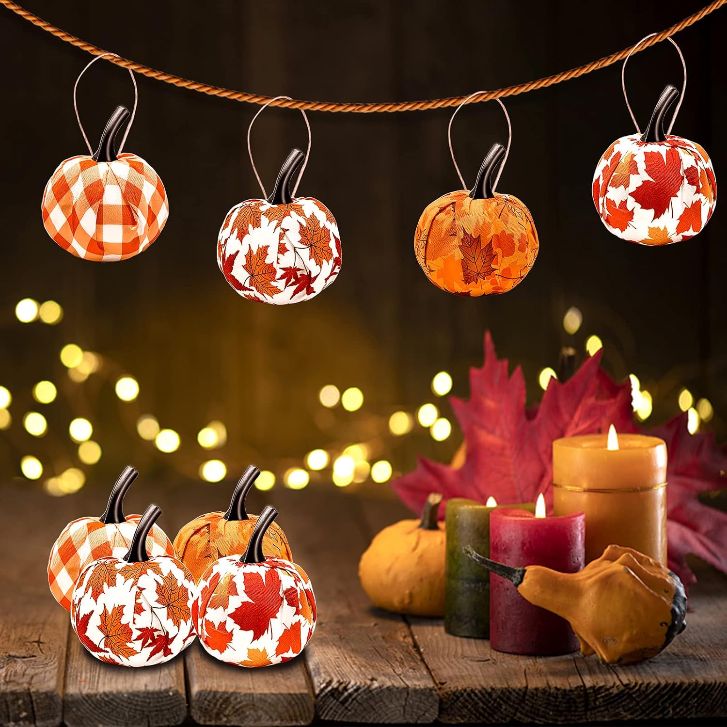 12 Pcs Fall Hanging Pumpkin Ornament with Maple Leaf Pattern