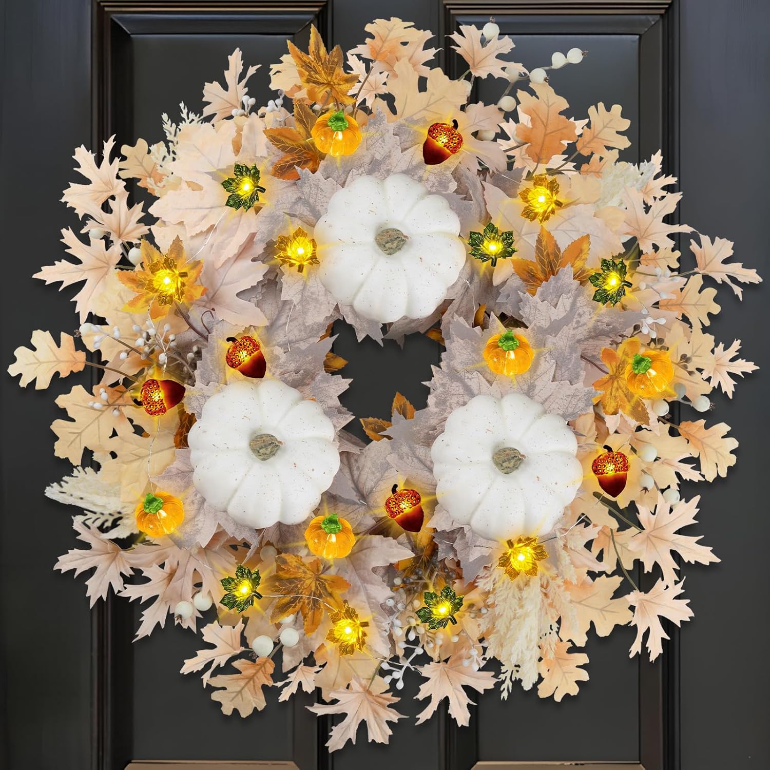 26 Inch Fall Wreath with Lights for Front Door