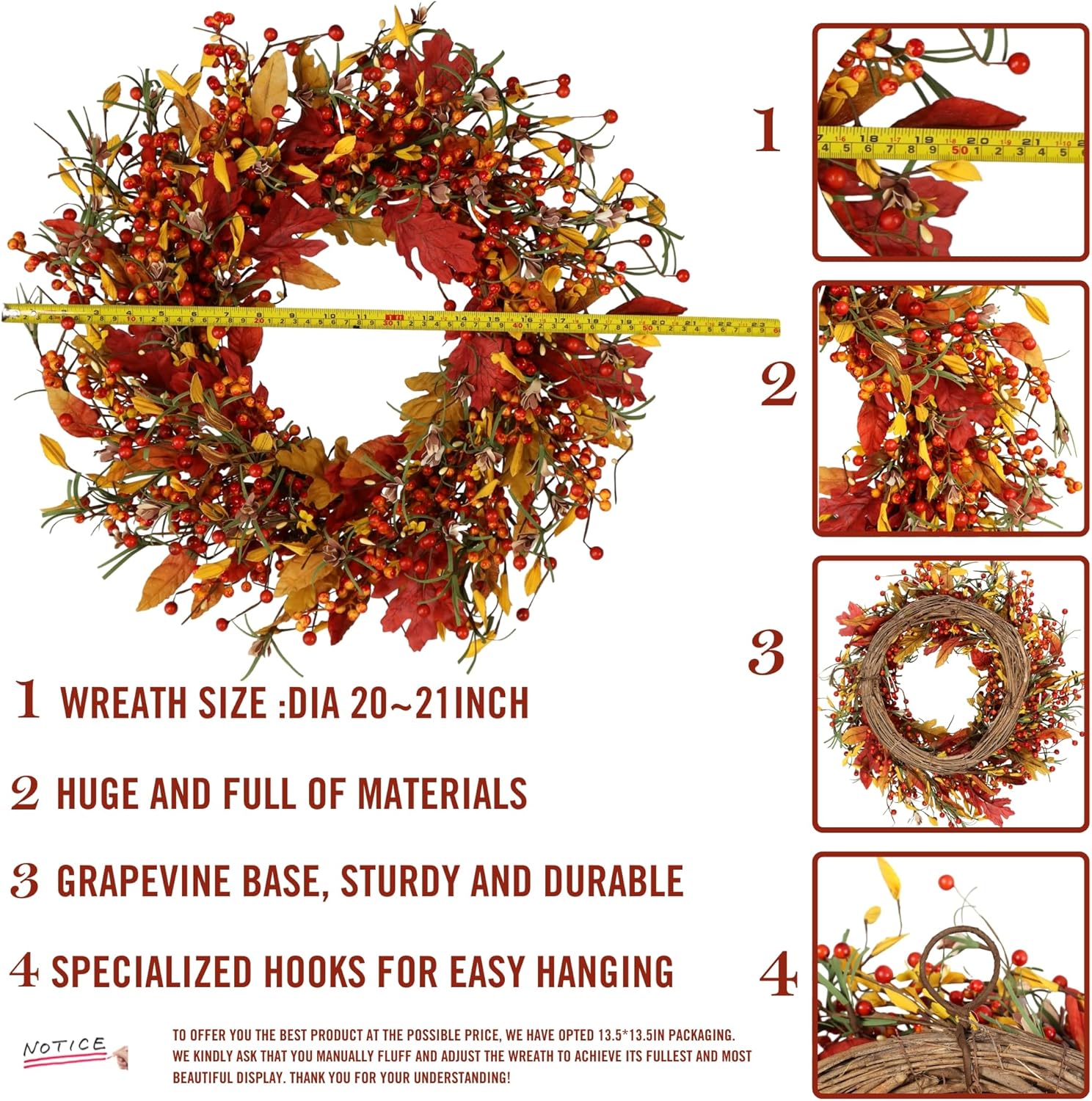 Full and Lush Fall Door Wreath 20 Inch Handcrafted