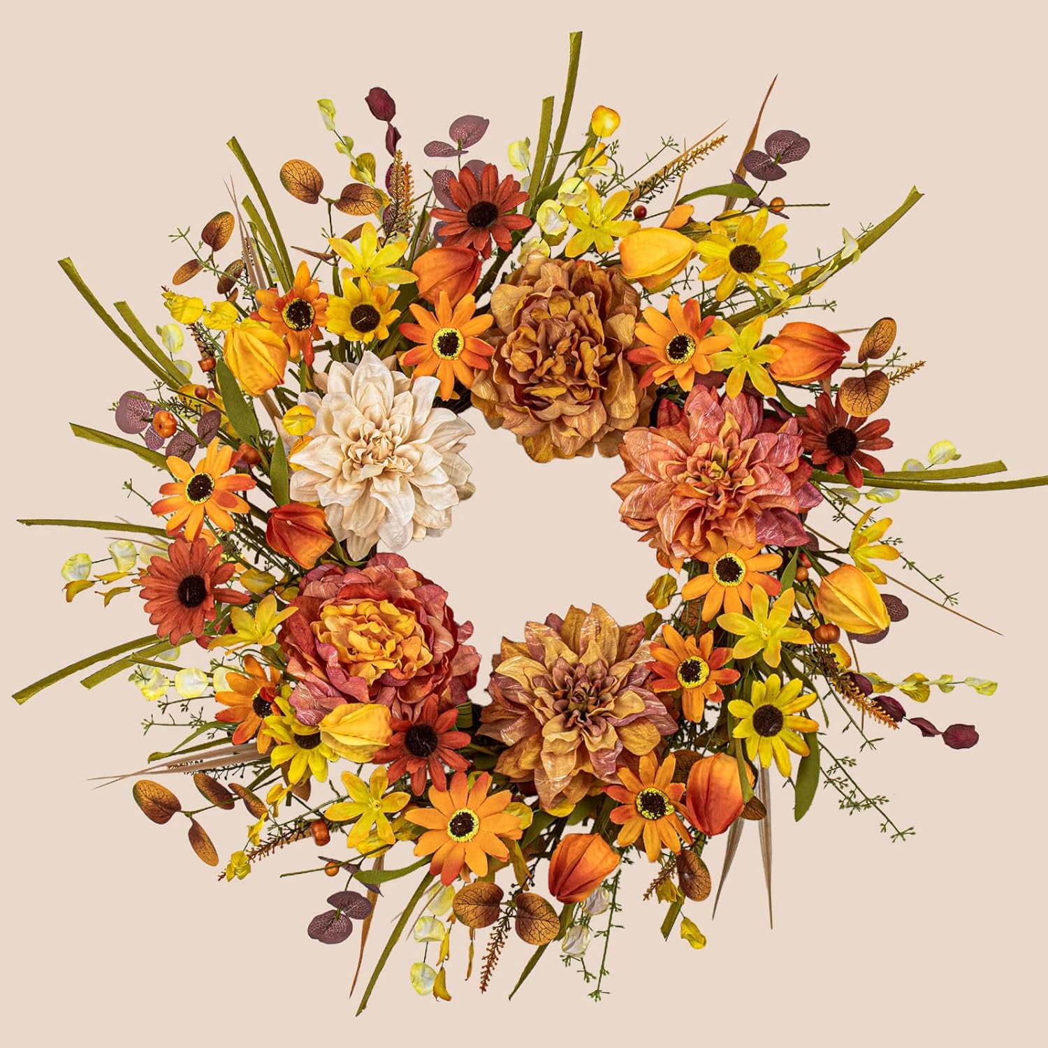 FloralElegance 22 Inch Fall Wreath with Five Dahlias