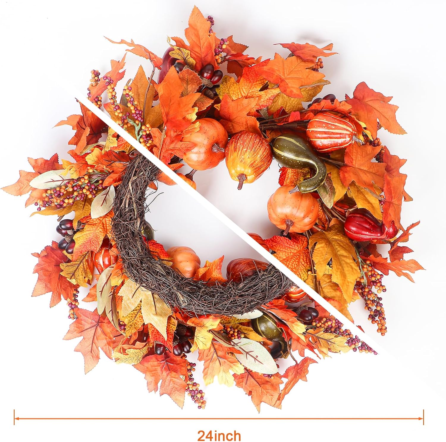 24 Inch Artificial Fall Wreath for Front Door Decor