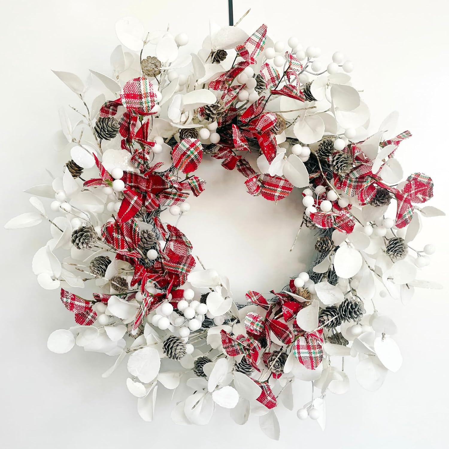 20 Inch White Eucalyptus Wreath with Red Plaid Leaves for Christmas and Winter Decor
