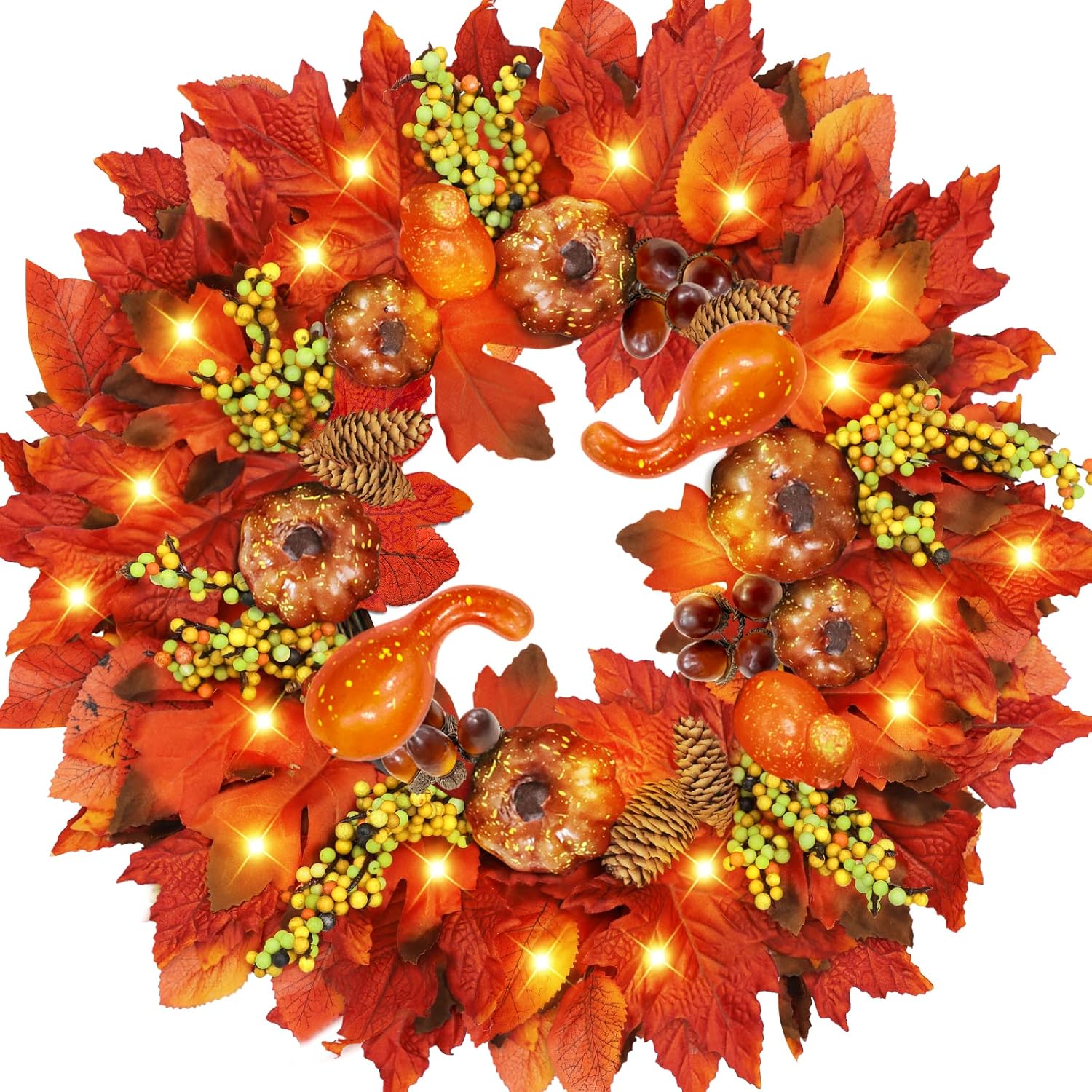 18 Inch Thick Fall Wreath with 20 LED Lights