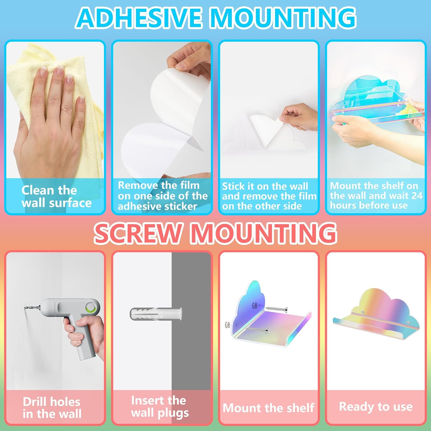 Lesnala 2Pcs Cloud Floating Shelf Acrylic Wall Mount with Stickers and Screws
