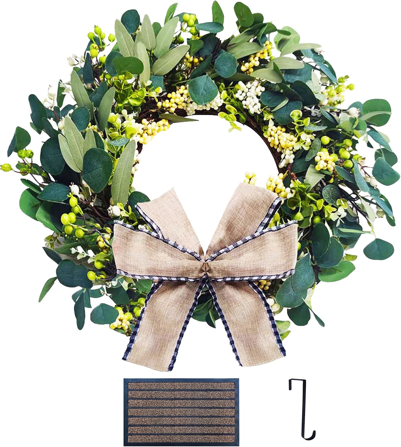 Artificial Eucalyptus Wreath with Doormat and Hanger - 24 Inch All Season Front Door Wreath