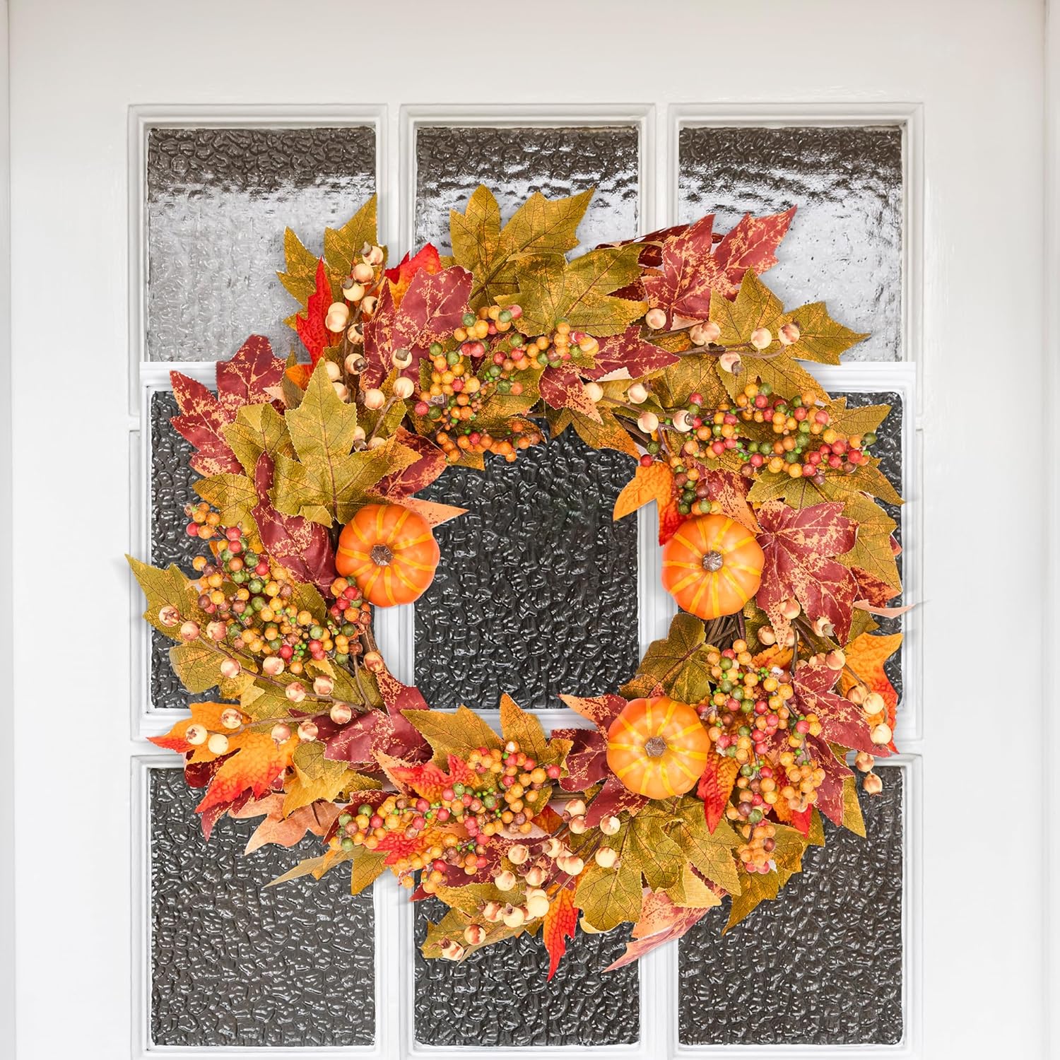 GENMOUS Fall Door Wreath with Pumpkins and Maple Leaves