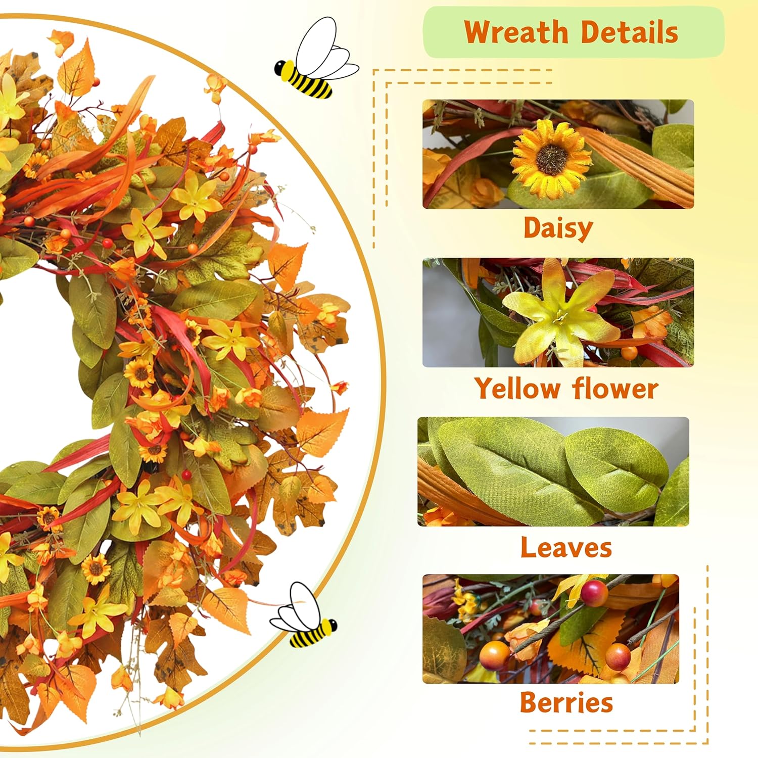 24 Inch Fall Wreath Front Door Decor with Berries and Leaves