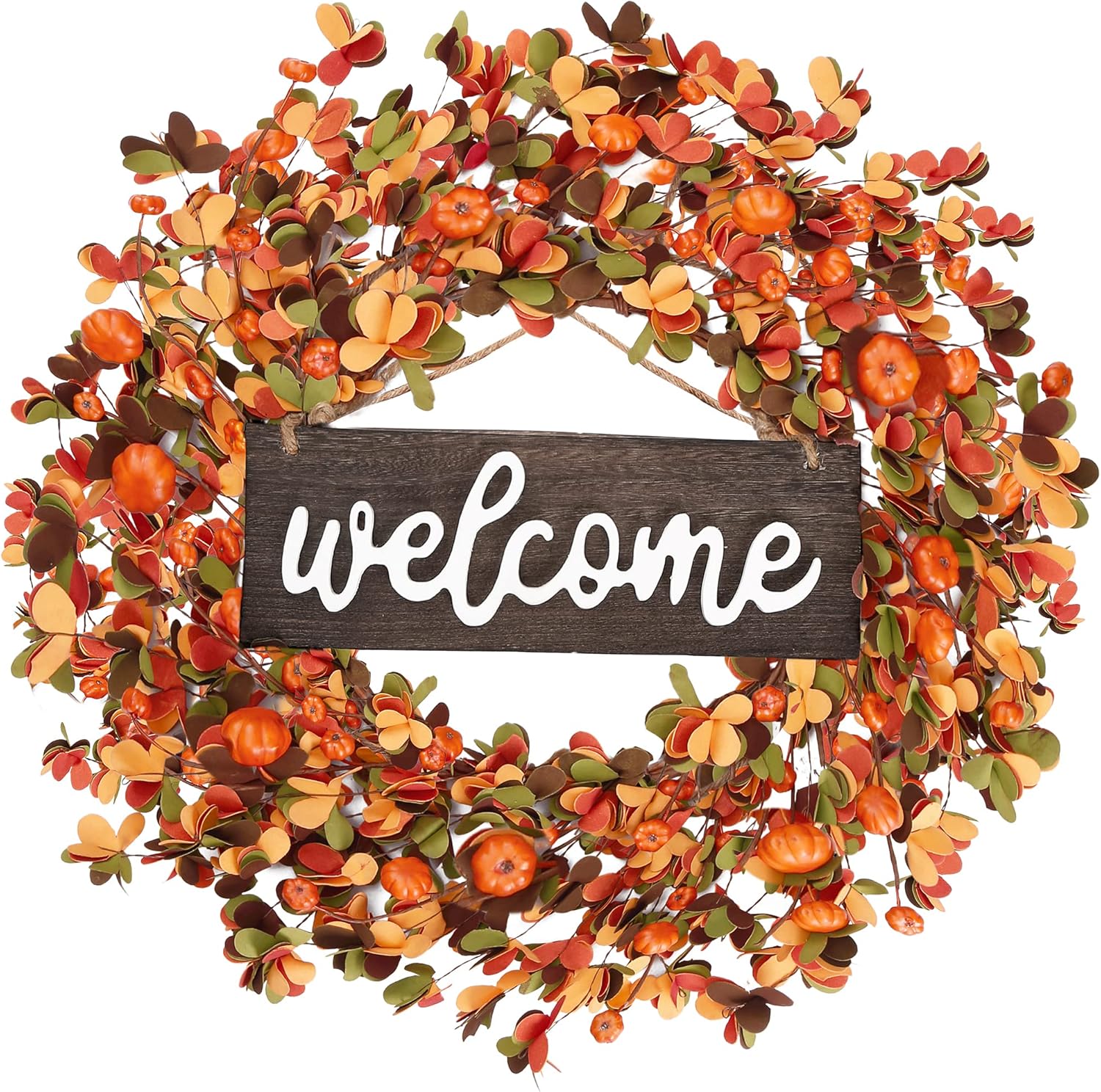 Sggvecsy 20 Inch Fall Wreath with Pumpkin and Leaves Orange