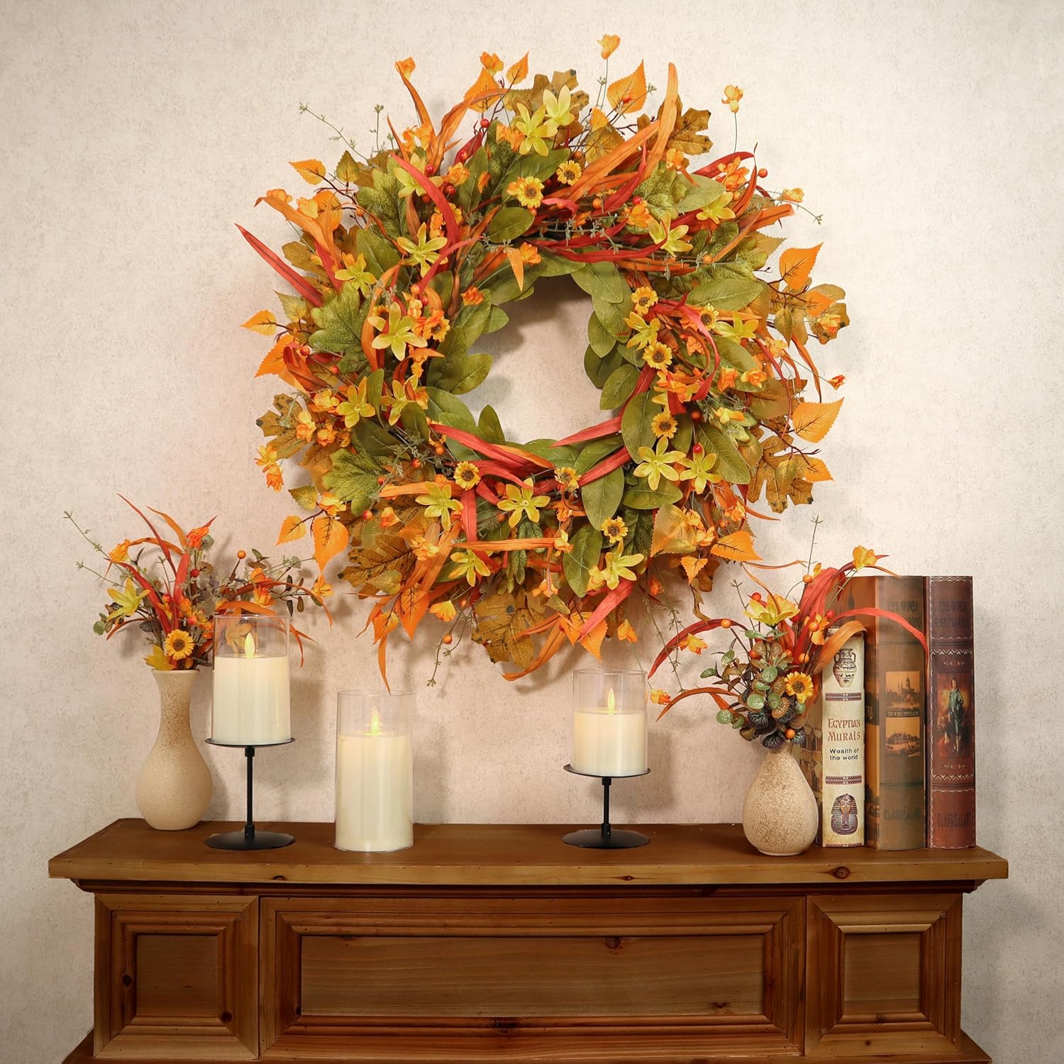 24 Inch Fall Wreath Front Door Decor with Berries and Leaves