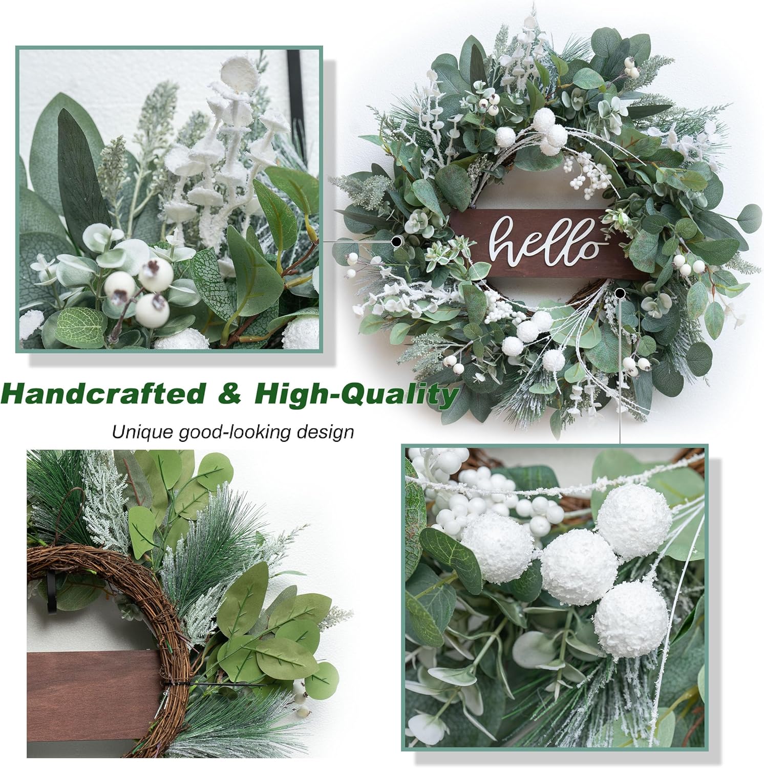 Soomeir 24 Inch Winter Door Wreath with Snow Leaves and Pine Needles