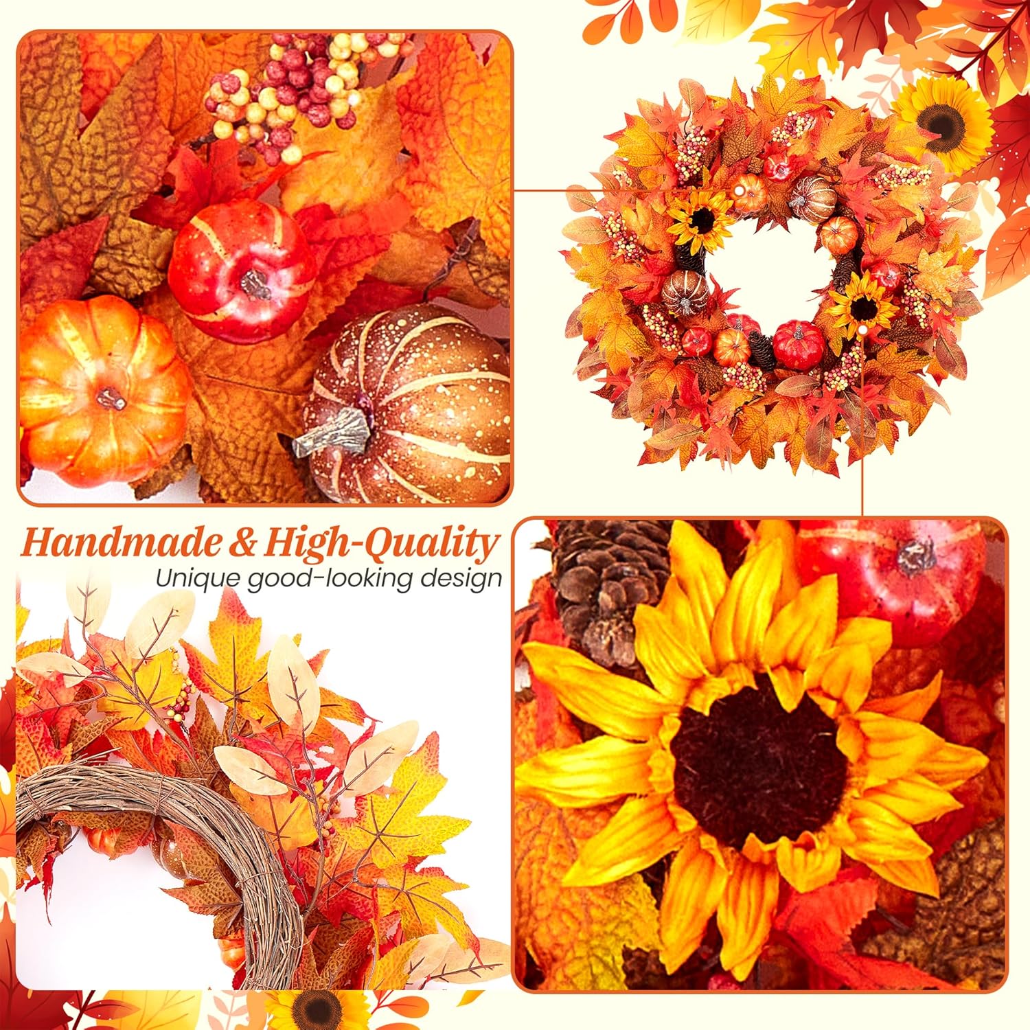 Fall Wreaths for Front Door 22 Inch Autumn Pumpkin Sunflower Decor