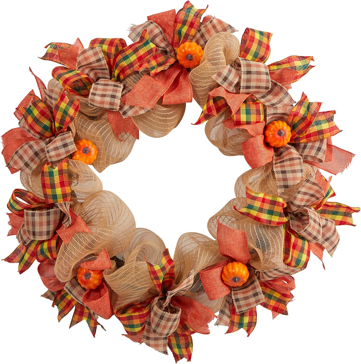 Nearly Natural 30in Autumn Pumpkin Decorative Bow Fall Wreath