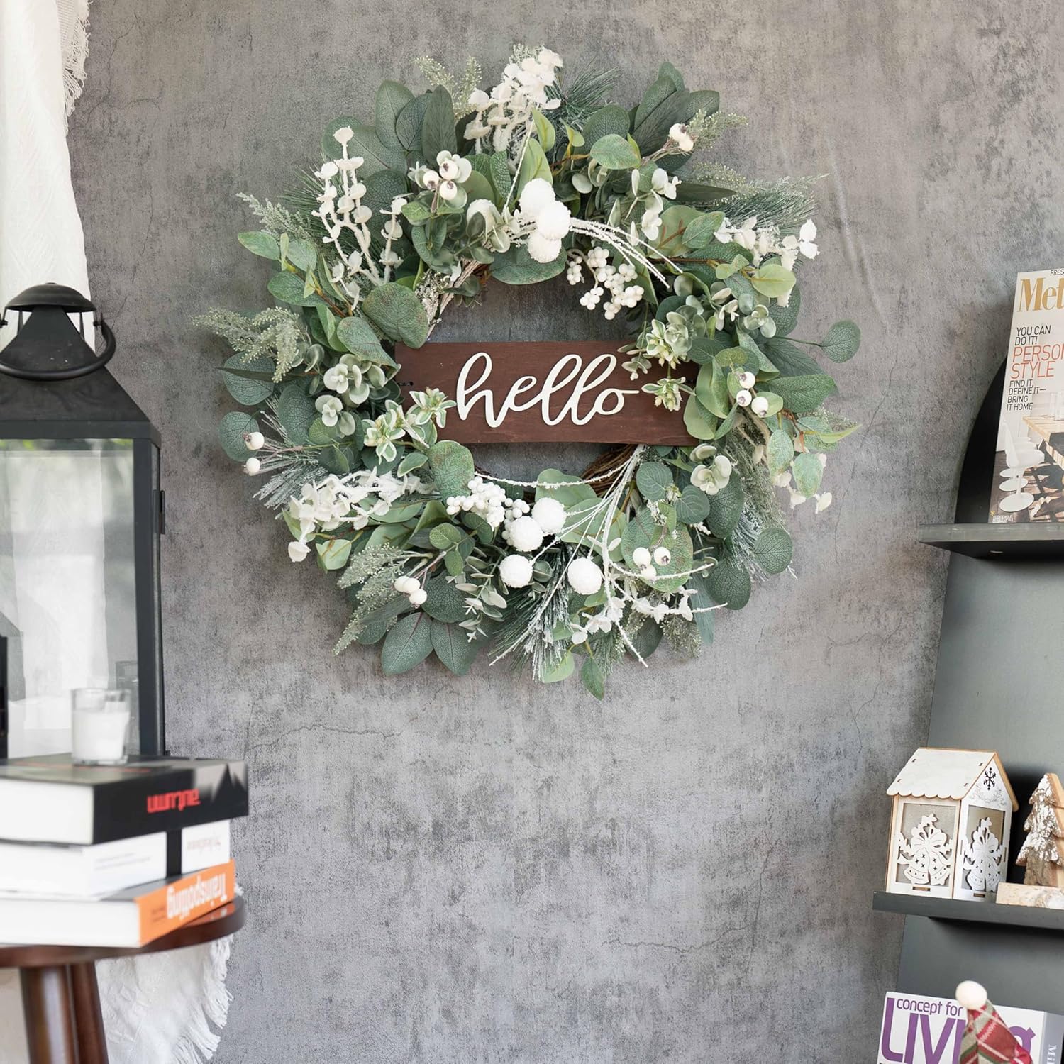 Soomeir 24 Inch Winter Door Wreath with Snow Leaves and Pine Needles