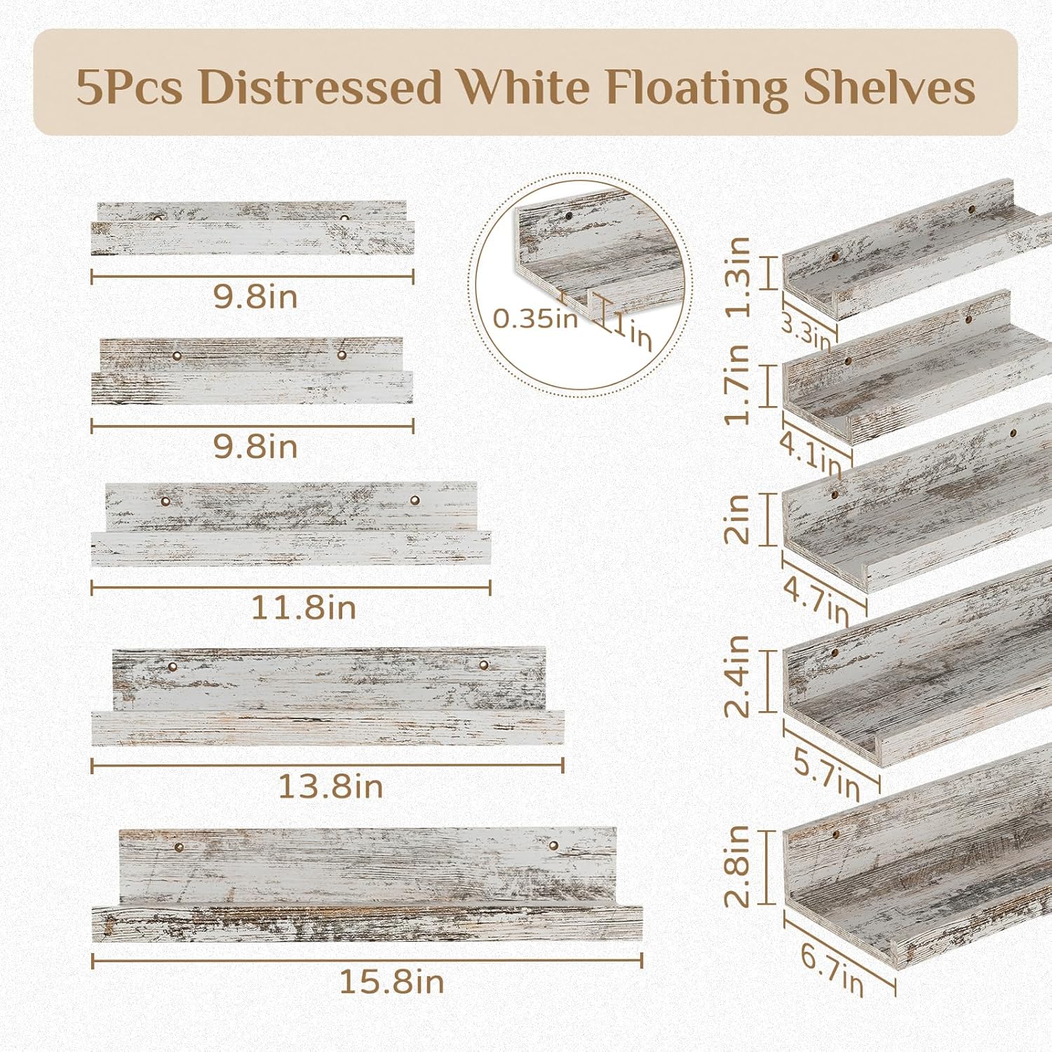 Walasis Rustic White Wall Mounted Floating Shelves