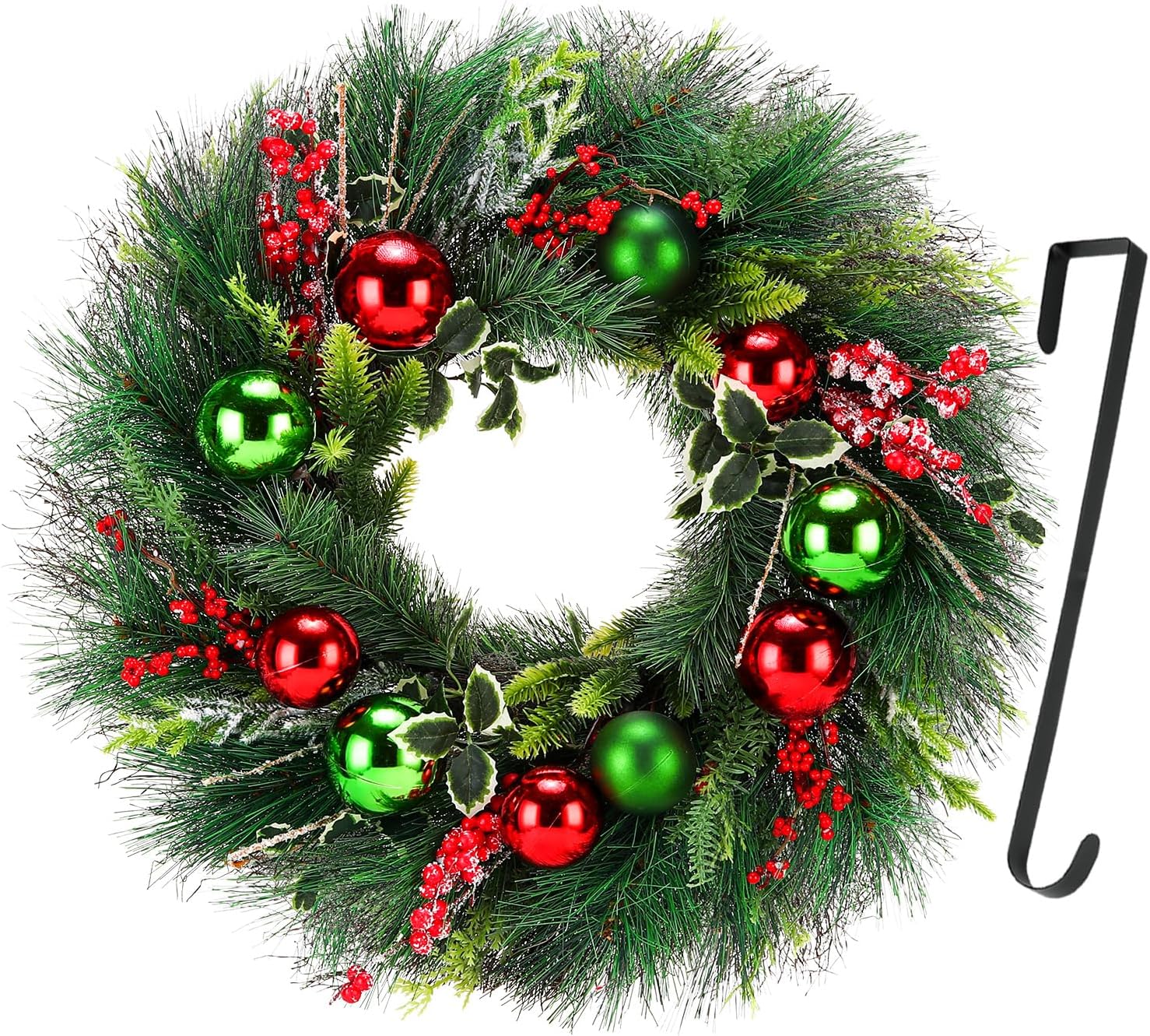 Christmas Wreath 24 Inch Artificial Green and Red Wreath with Hanger