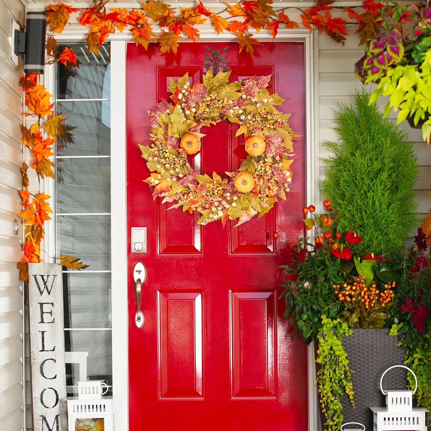 GENMOUS Fall Door Wreath with Pumpkins and Maple Leaves