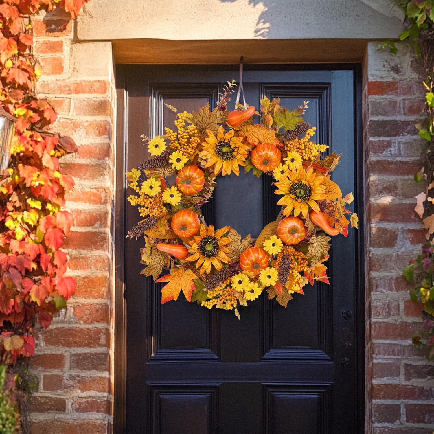 24 Inch Fall Wreath for Front Door Pumpkin Autumn Decor with Silk Leaves