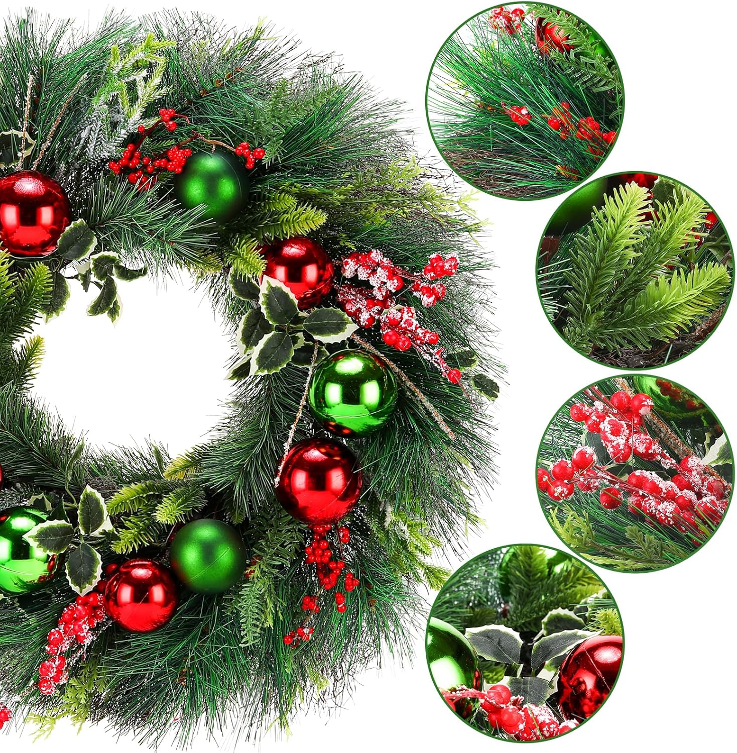 Christmas Wreath 24 Inch Artificial Green and Red Wreath with Hanger