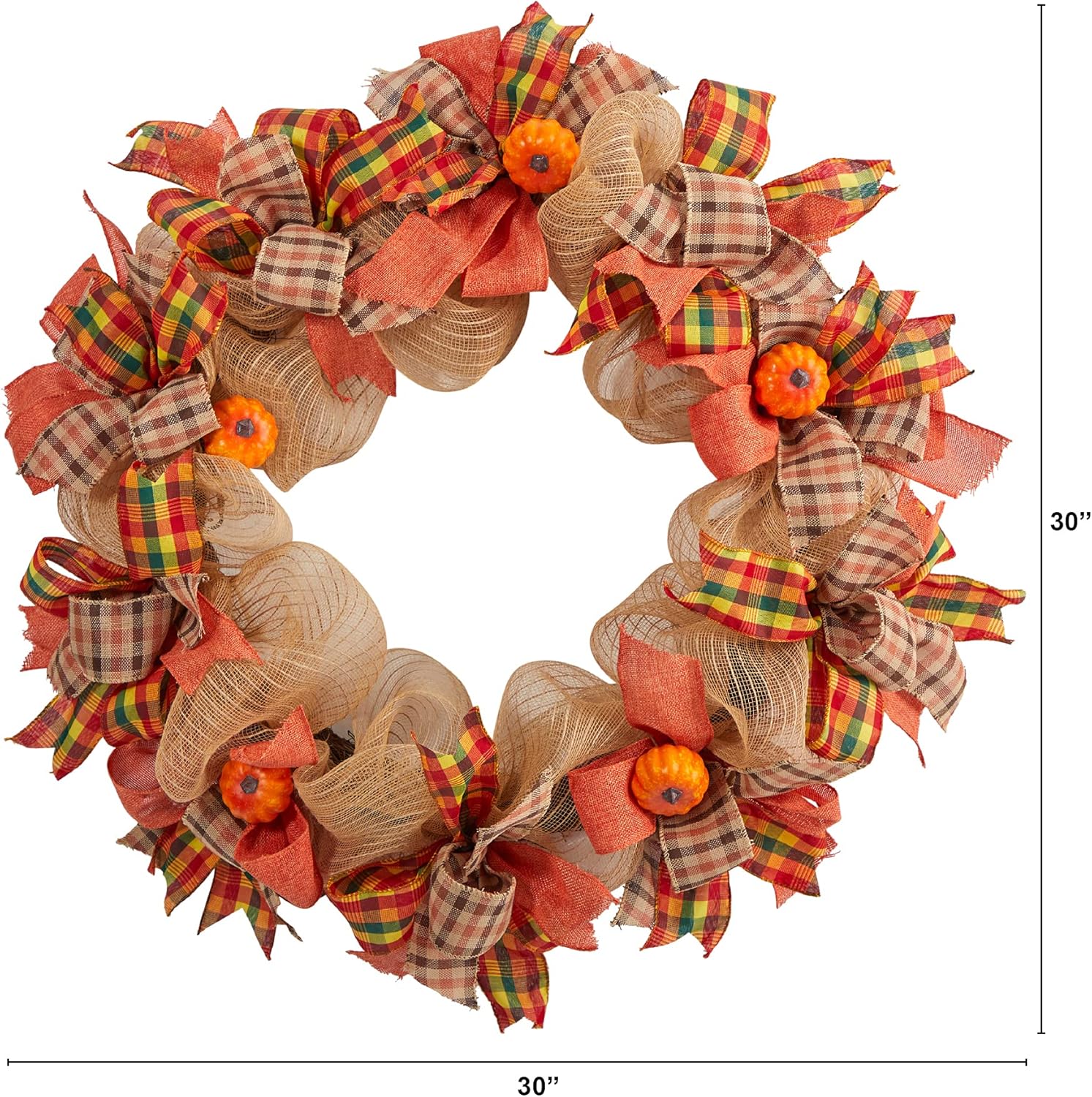 Nearly Natural 30in Autumn Pumpkin Decorative Bow Fall Wreath