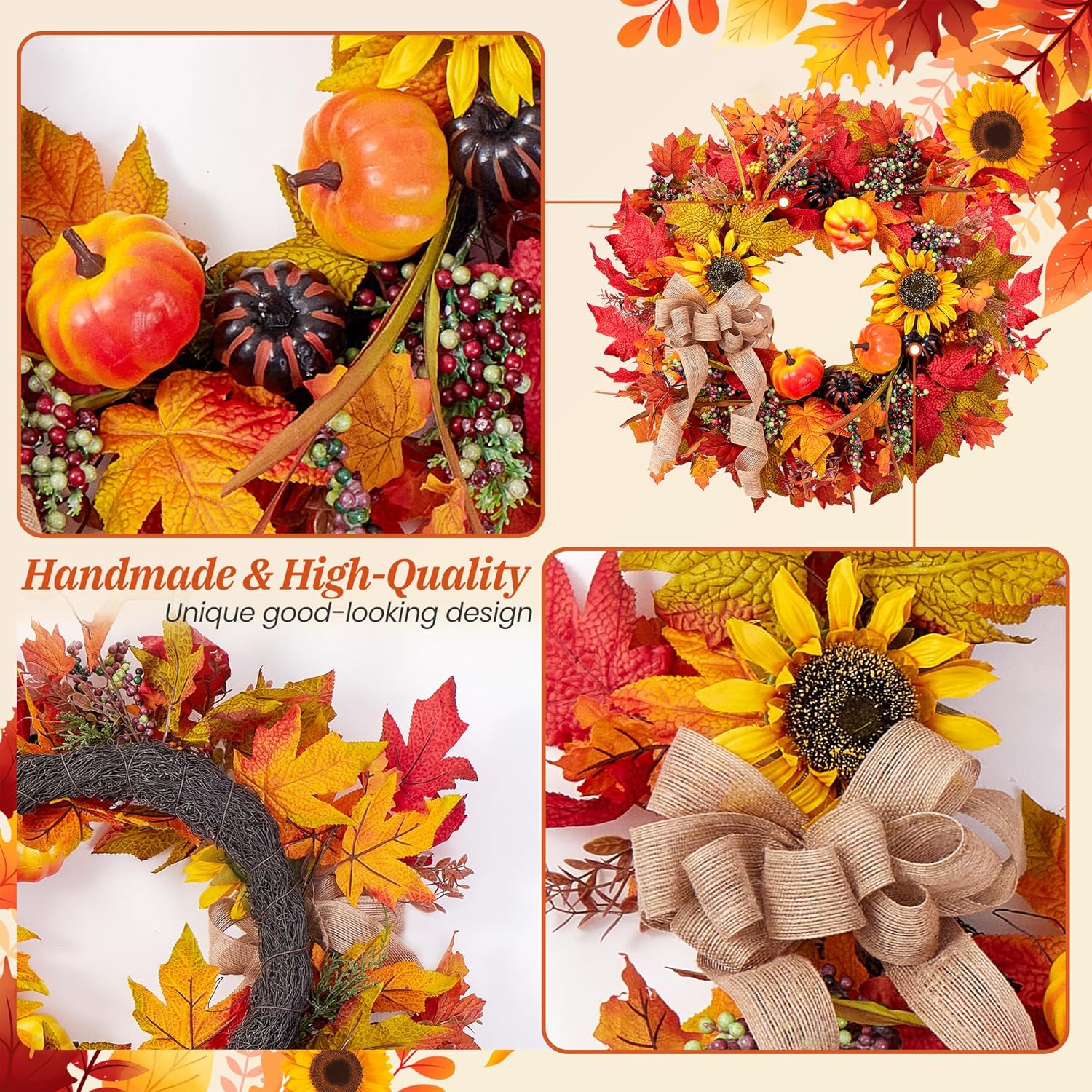 Elegant Fall Wreath for Front Door with Burlap Bow