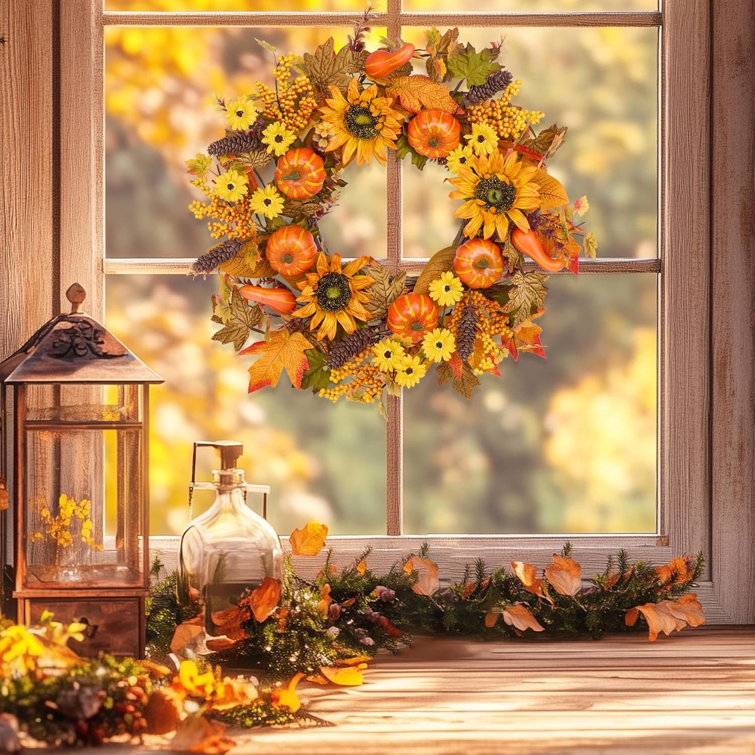 24 Inch Fall Wreath for Front Door Pumpkin Autumn Decor with Silk Leaves