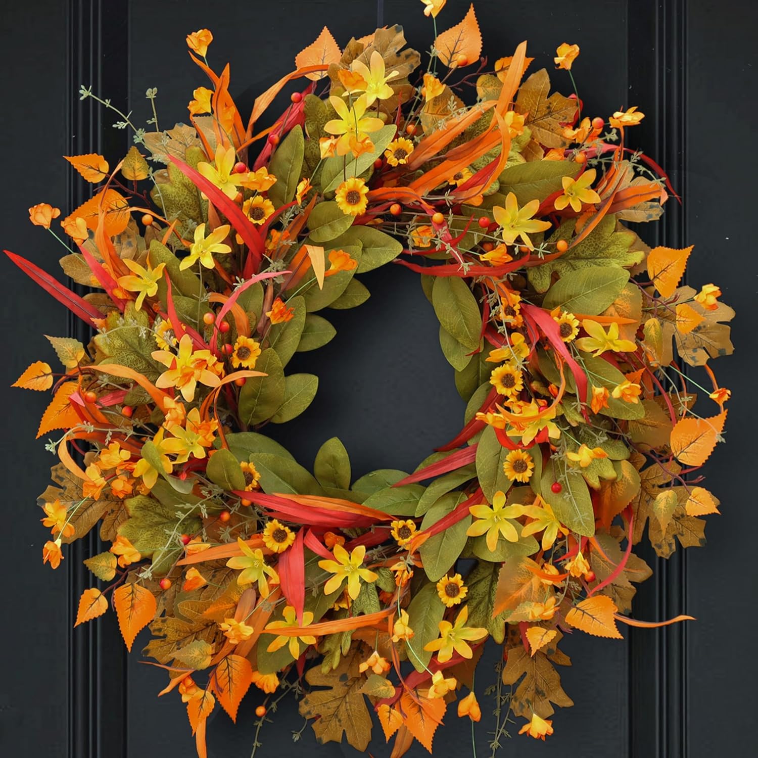 24 Inch Fall Wreath Front Door Decor with Berries and Leaves