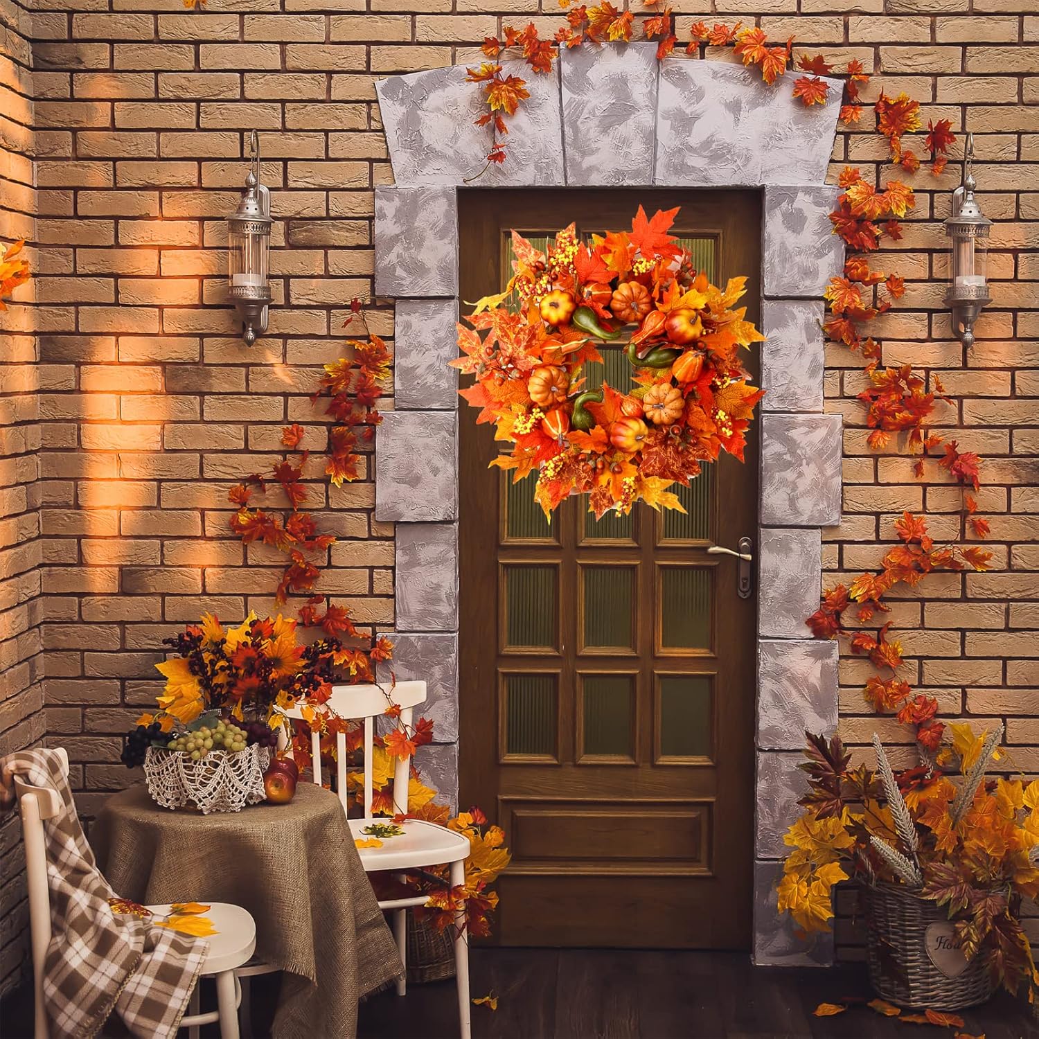 24 Inch Fall Wreath with Pumpkins Berries Maple Leaves