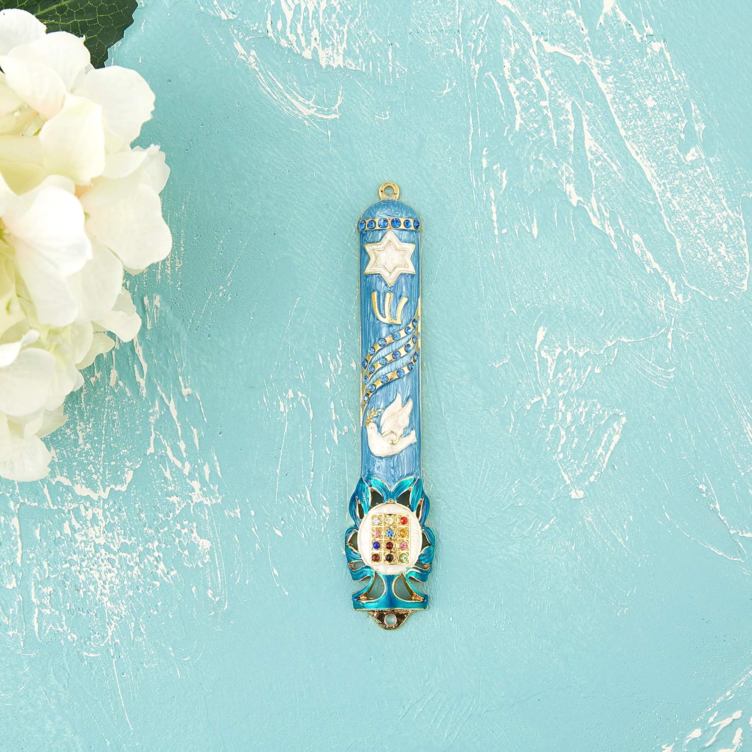 Matashi Blue Dove Mezuzah with Gold Accents and Crystals Door Decor