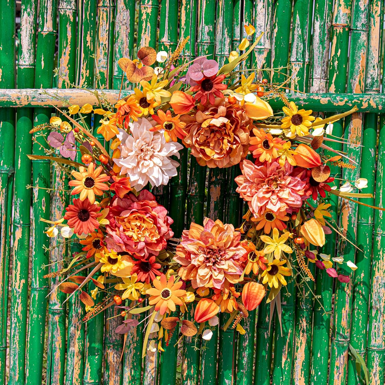 FloralElegance 22 Inch Fall Wreath with Five Dahlias