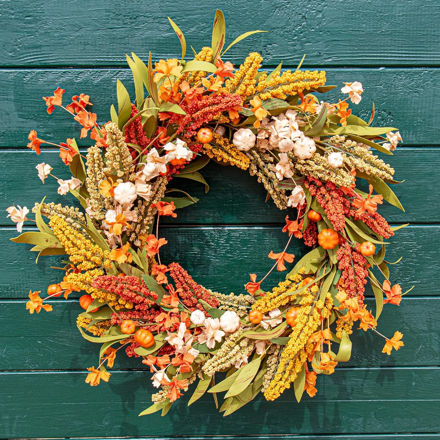 20 Inch Fall Wreath with Pumpkins Grain Ears Foliage