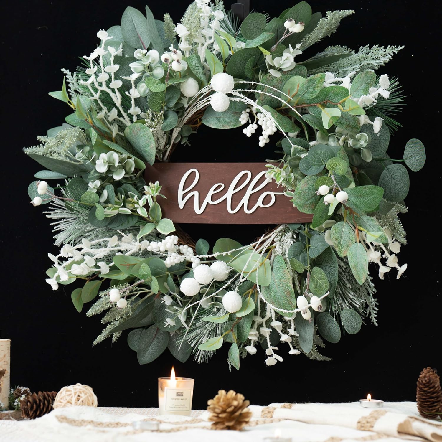Soomeir 24 Inch Winter Door Wreath with Snow Leaves and Pine Needles