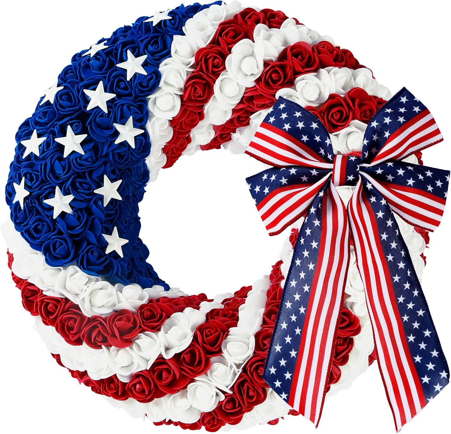 14 Inch 4th of July Patriotic Wreath with Artificial Roses