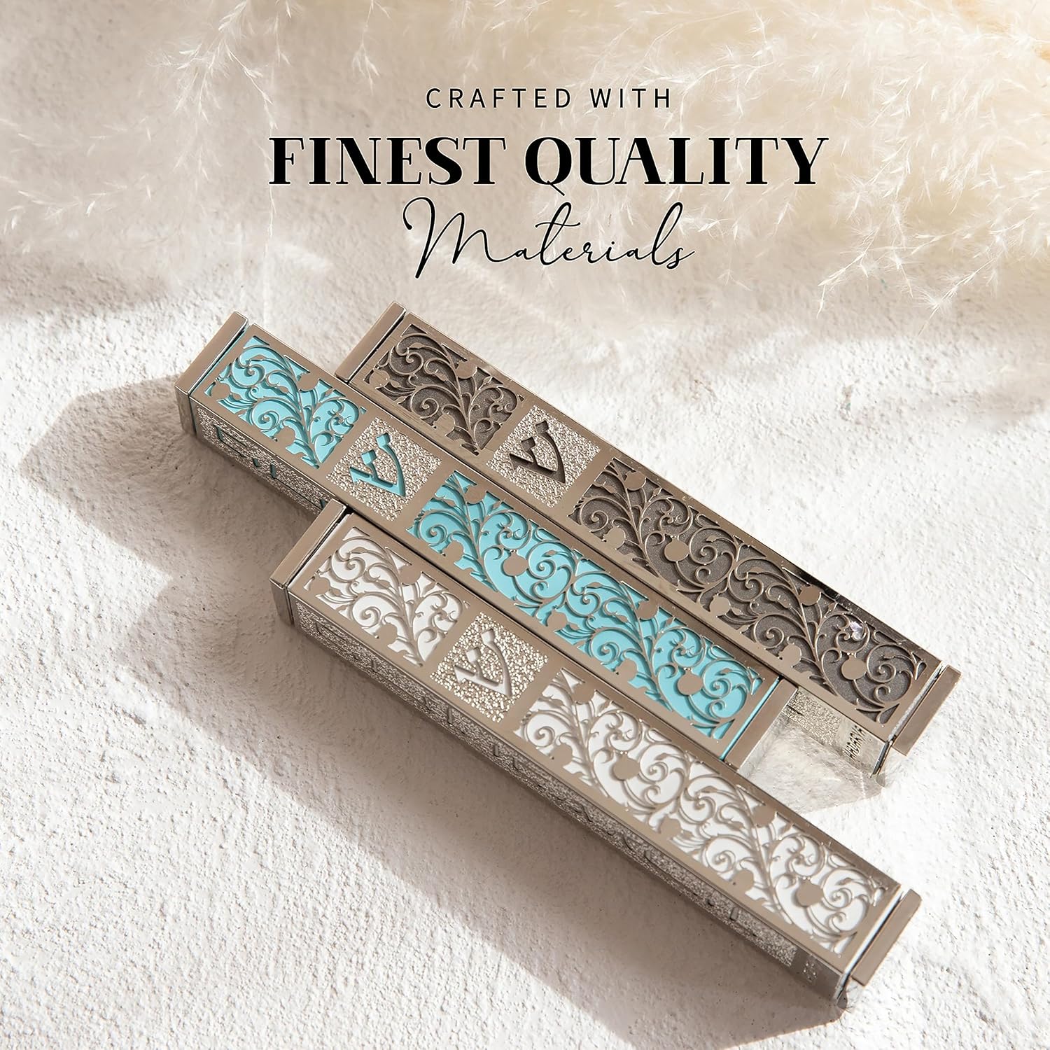 SURI Mezuzah Door Ornament - Modern Silver Blue Scroll Case