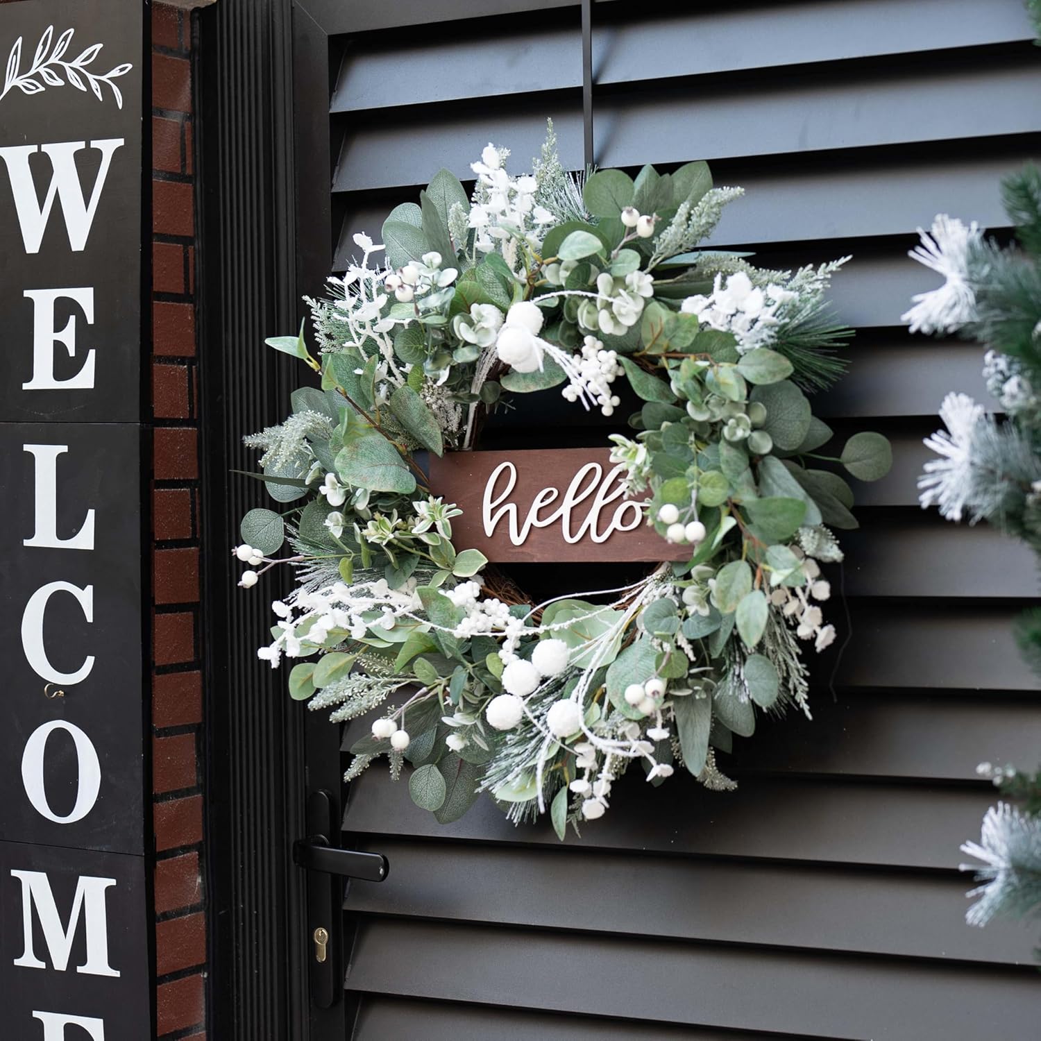 Soomeir 24 Inch Winter Door Wreath with Snow Leaves and Pine Needles