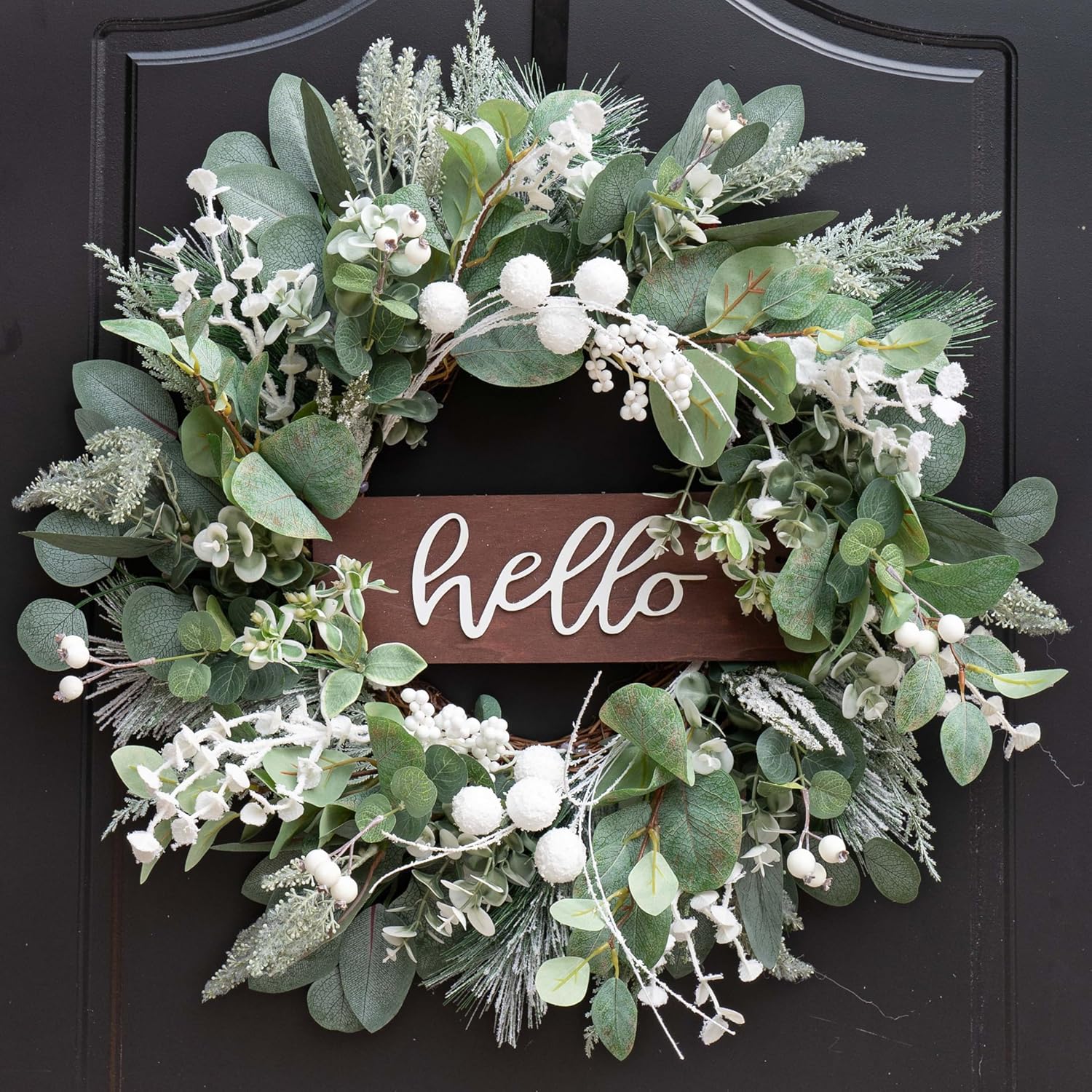 Soomeir 24 Inch Winter Door Wreath with Snow Leaves and Pine Needles