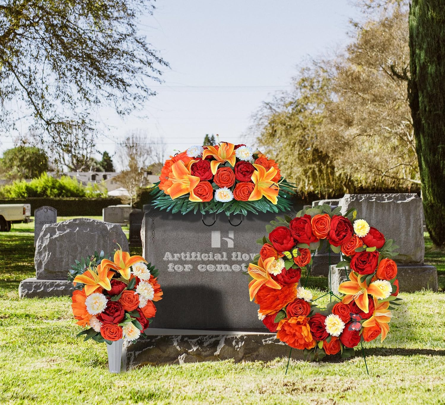 HENOMO Autumn Wreath with Stand 24 Inch Decorations for Gravesite